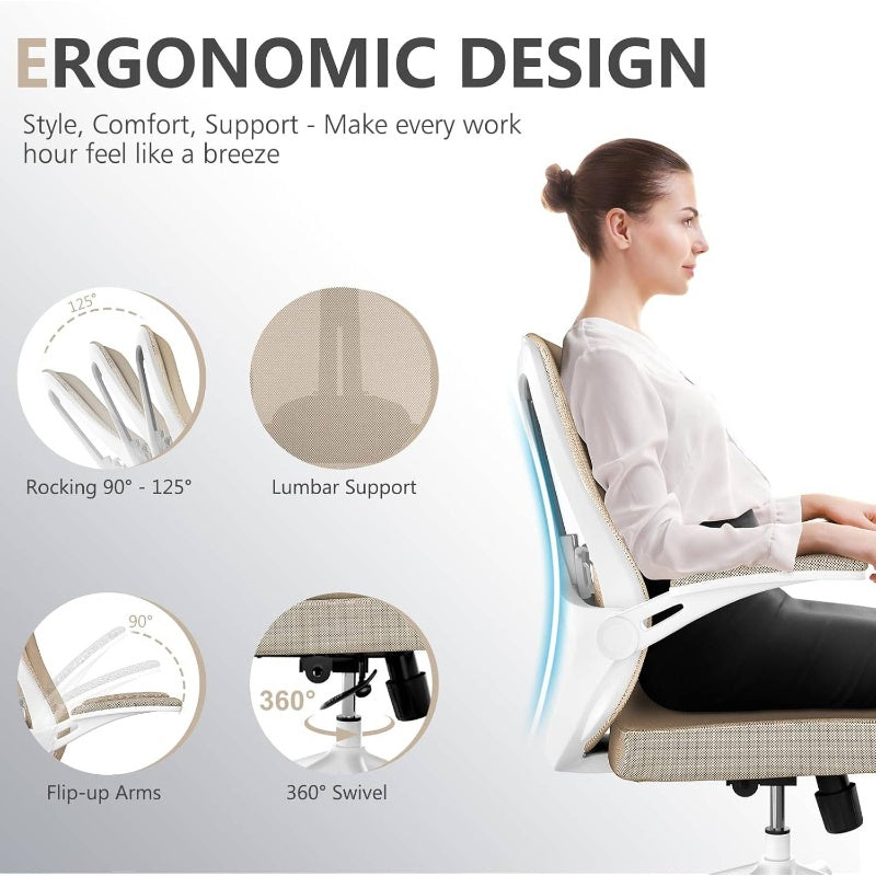 Ergonomic Office Chair with Lumbar Support, High Back Mesh Desk Chair with Flip - Up Arms, Adjustable Computer Task Chair, Khaki