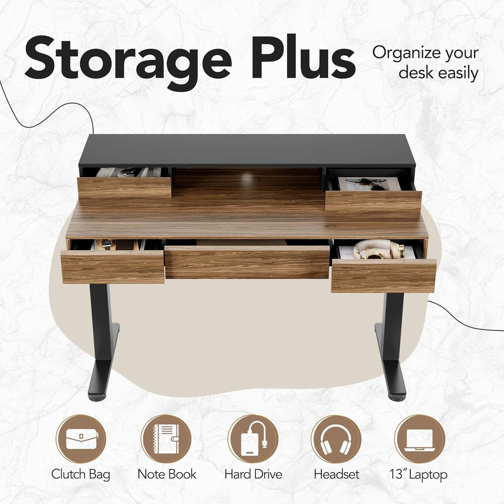 Electric Standing Desk with Drawers | 48 Inches Height Adjustable, Monitor Shelf, Whole-Piece Board, 4 Memory Height Settings, Classic Wood Color, PERLECARE