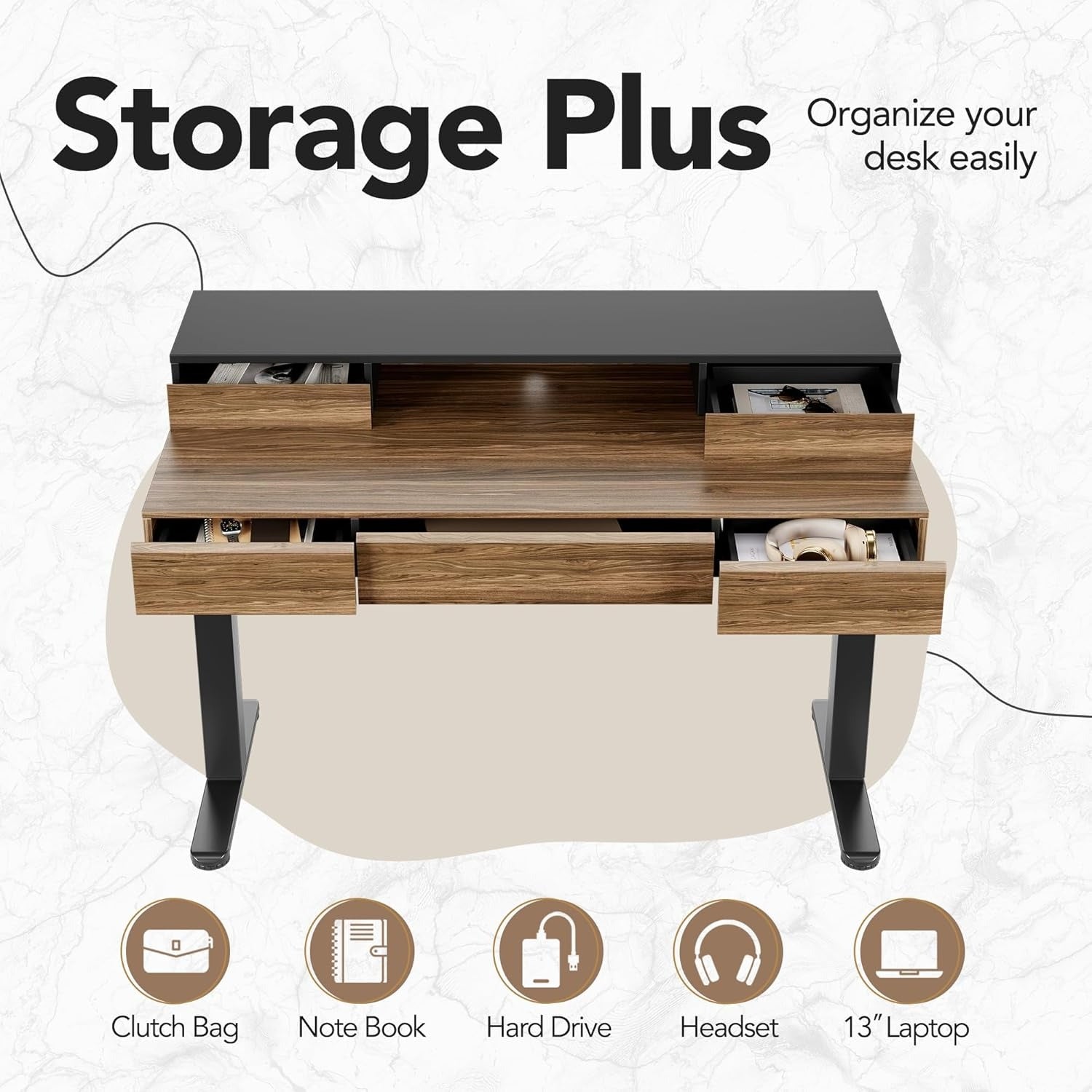 Electric Standing Desk with Drawers | 48 Inches Height Adjustable, Monitor Shelf, Whole-Piece Board, 4 Memory Height Settings, Classic Wood Color, PERLECARE