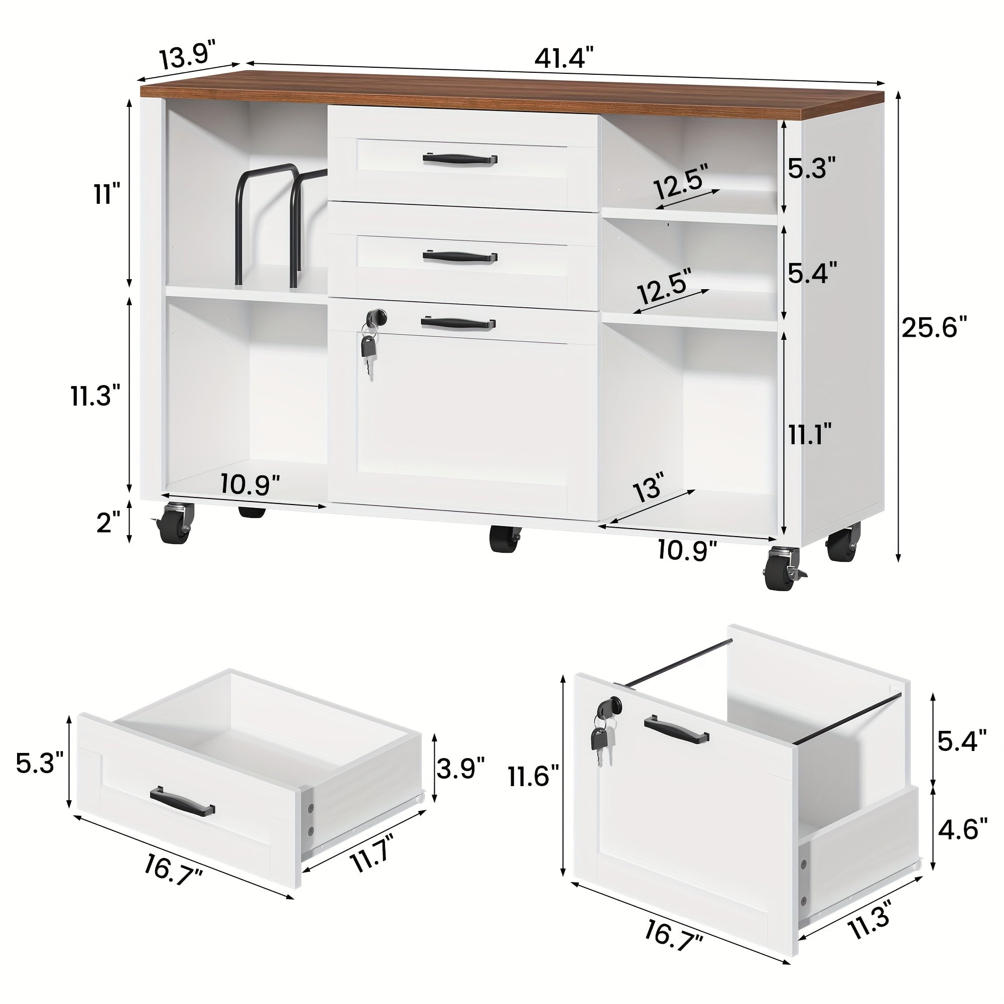 Mobile Filing Cabinet on Wheels Featuring Open Storage Shelves, a Wooden Lateral File Cabinet with Three Drawers And a Lock, And a Printer Stand Designed for Home Office Use, Accommodating Legal And A4 Size Files