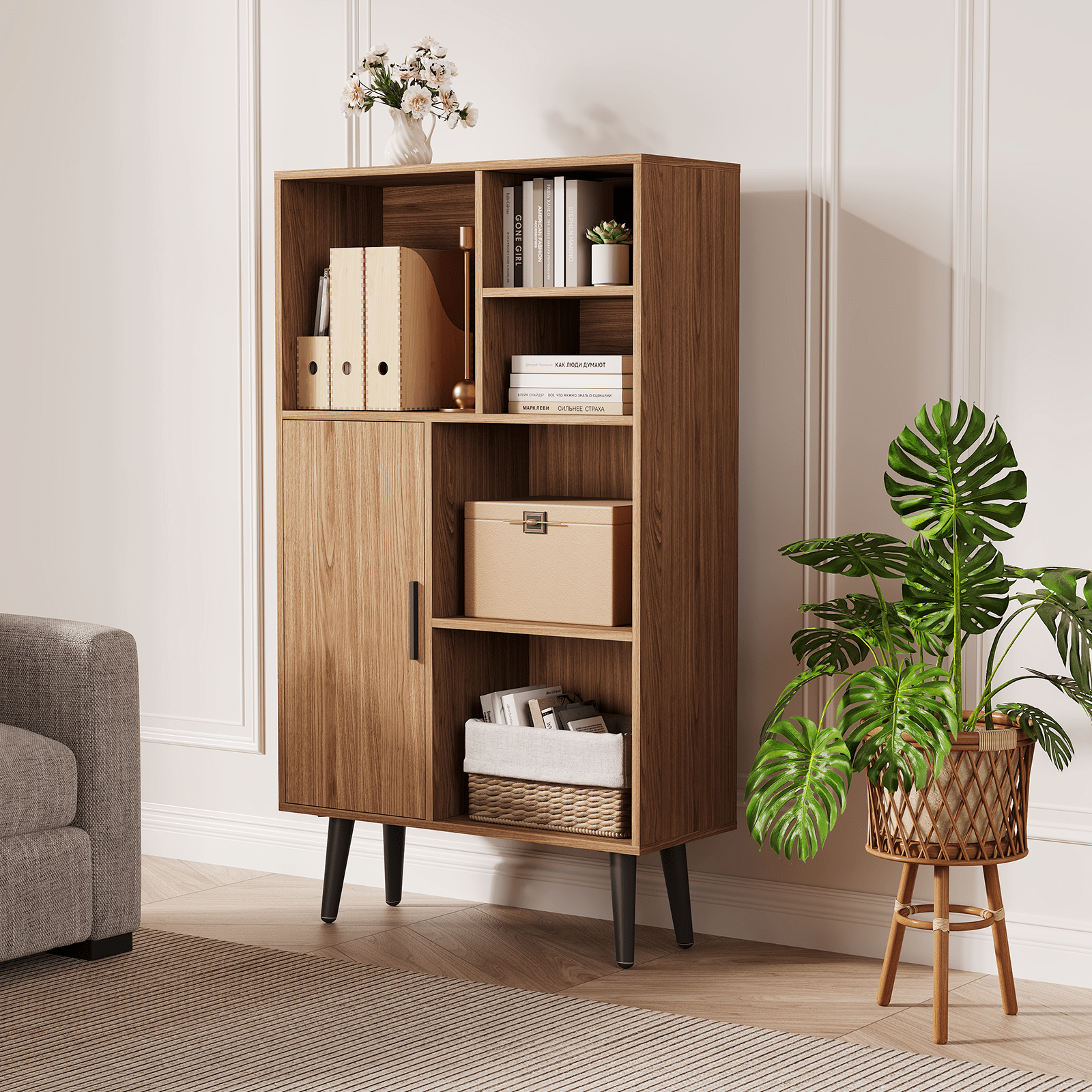 Storage Cabinets, 4-Tier Mid-Century Walnut Wood Bookcase with Legs and Door - Compact Freestanding Organizer for Living Room, Bedroom, and Home Office Storage, Durable Storage Cabinet for Bedroom, Living Room, or Entryway Home Decor Room Decor