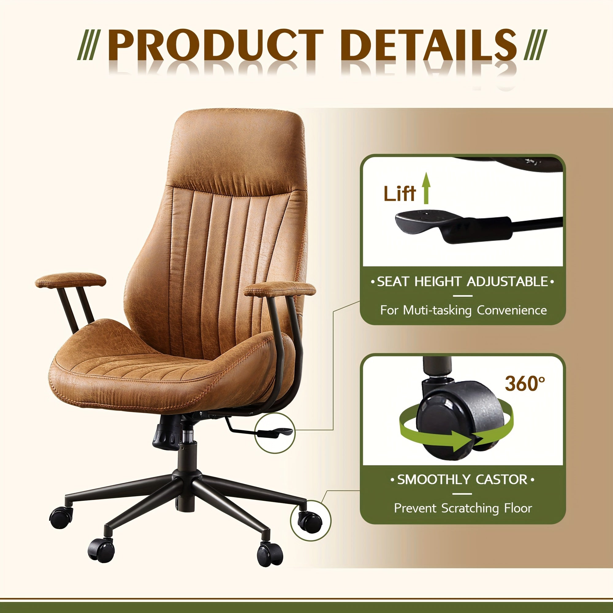 Ergonomic Office Chair with Adjustable Height, High Back Swivel Rolling Computer Chair for Home Office, Vintage Suede Fabric Executive Desk Chair with Comfortable Armrests and Lumbar Support