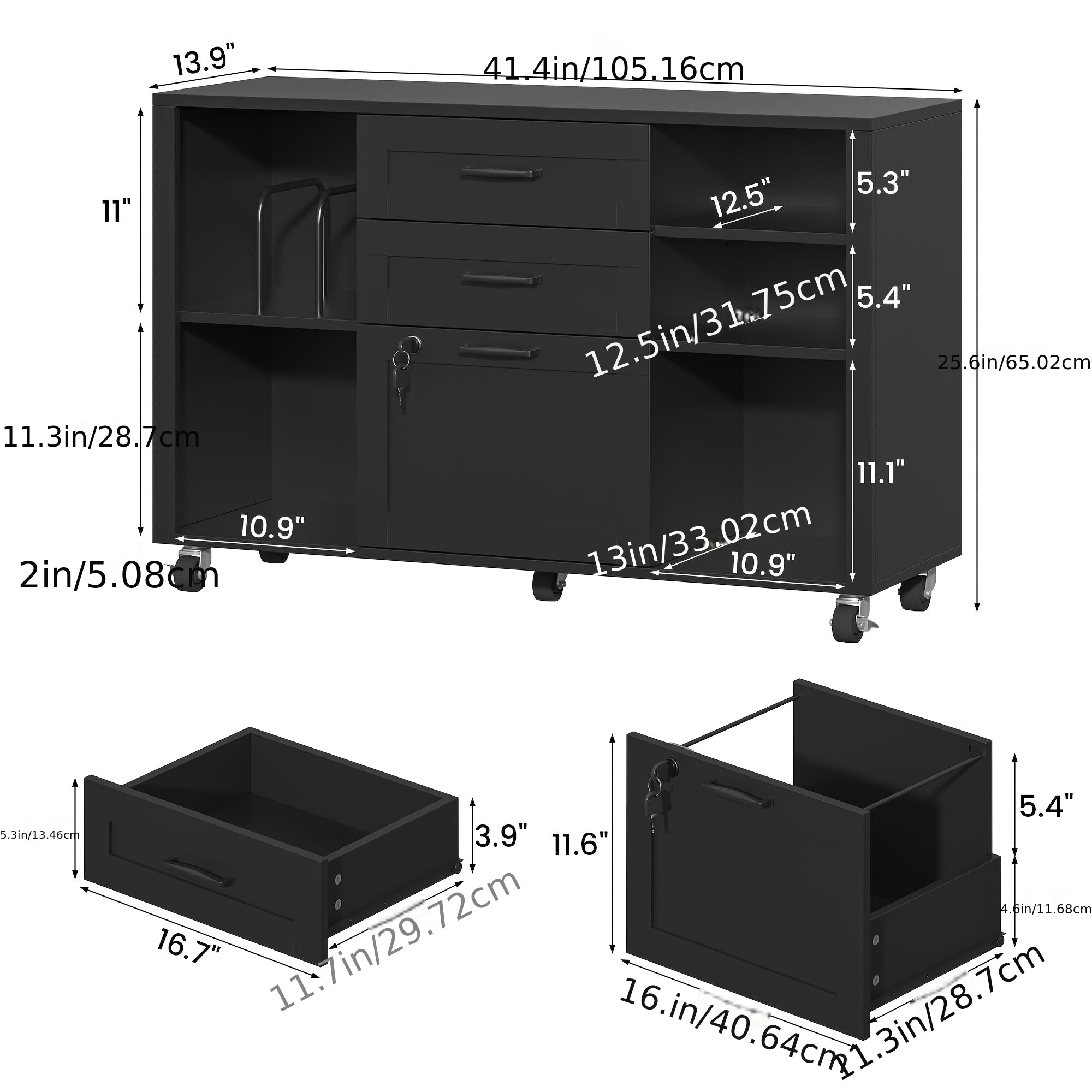 Mobile Filing Cabinet on Wheels Featuring Open Storage Shelves, a Wooden Lateral File Cabinet with Three Drawers And a Lock, And a Printer Stand Designed for Home Office Use, Accommodating Legal And A4 Size Files