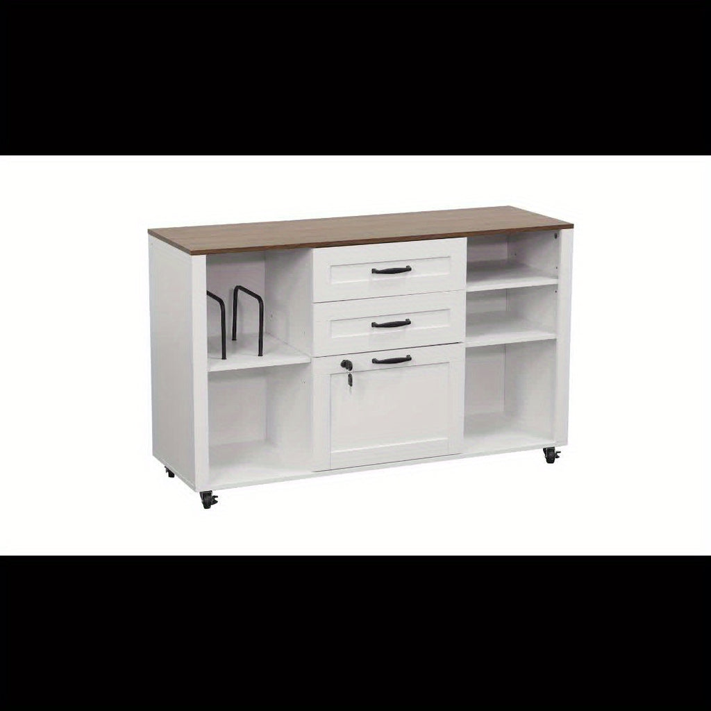 Mobile Filing Cabinet on Wheels Featuring Open Storage Shelves, a Wooden Lateral File Cabinet with Three Drawers And a Lock, And a Printer Stand Designed for Home Office Use, Accommodating Legal And A4 Size Files