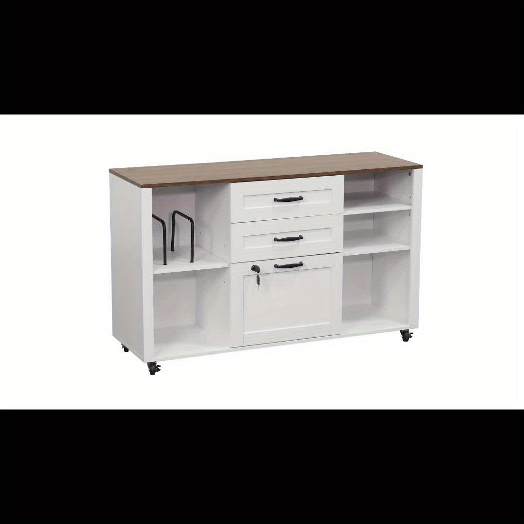 Mobile Filing Cabinet on Wheels Featuring Open Storage Shelves, a Wooden Lateral File Cabinet with Three Drawers And a Lock, And a Printer Stand Designed for Home Office Use, Accommodating Legal And A4 Size Files