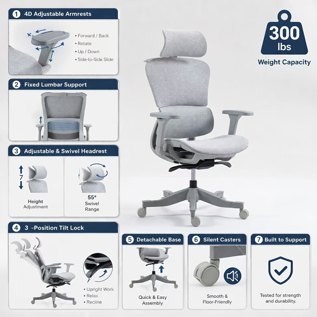 4D Adjustable Ergonomic Office Chair, 3-Position Tilt Lock, 300lbs Capacity, Breathable Mesh Desk Chair with Silent Wheels, PU Padded Armrests for Home & Office