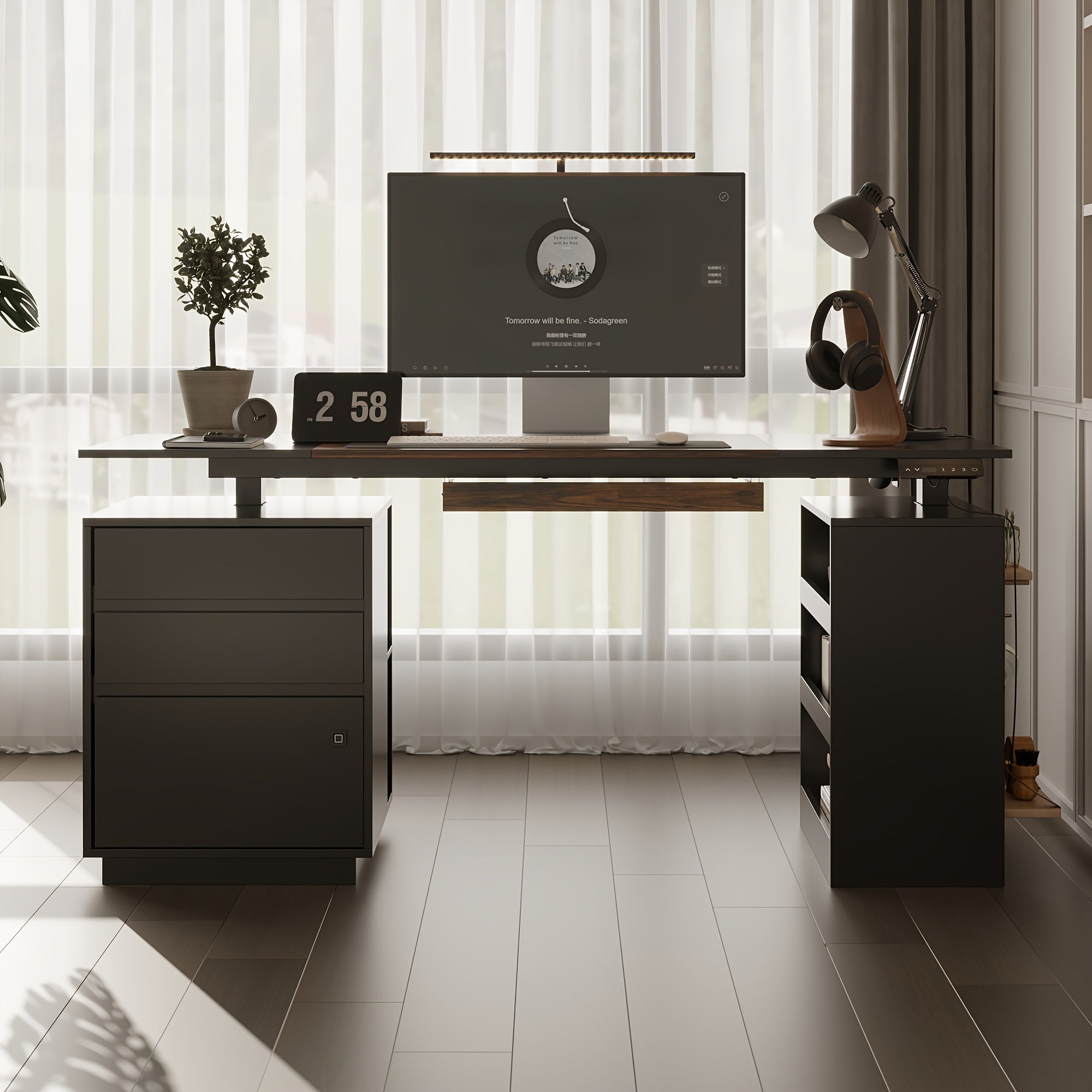 63-Inch Wide Electric Lift Desk Featuring Three Drawers And Open Shelving, Height Adjustable, Contemporary Office Desk with a Large Tabletop, Suitable for Computers And Executive Corner Use, Stylish Black Design