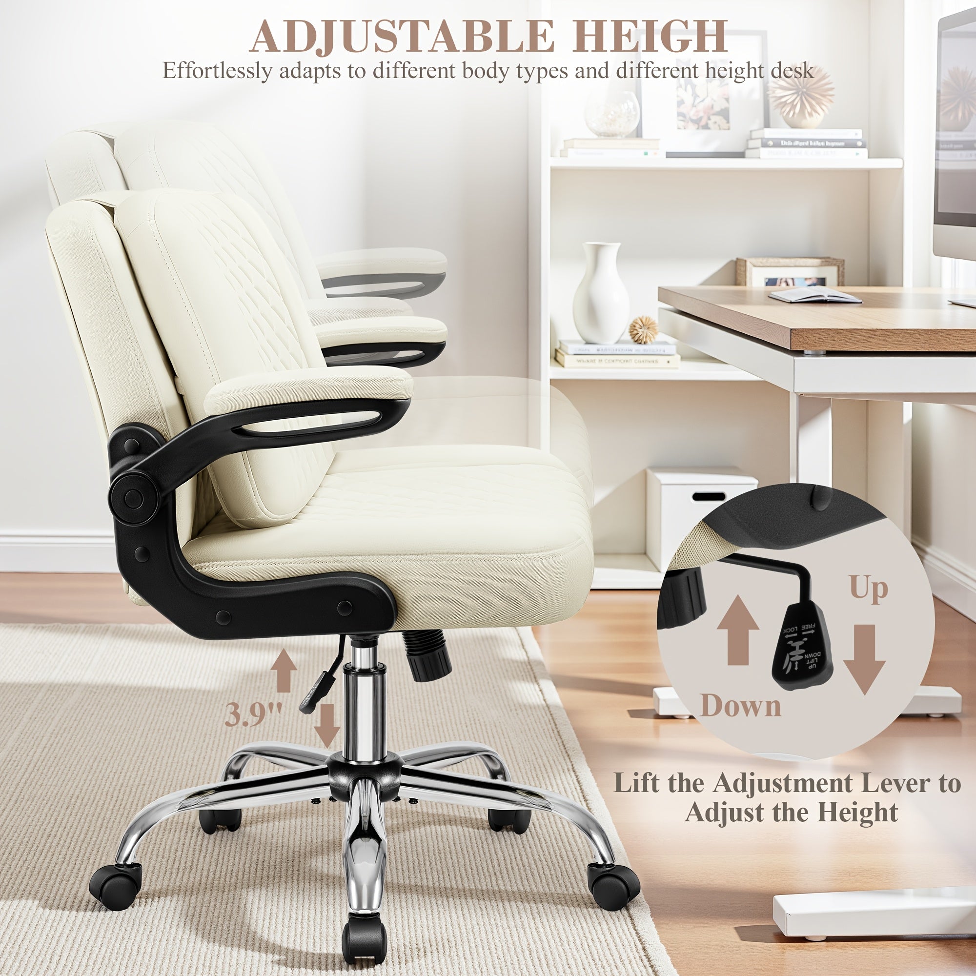 Kerdom'S Innovative Office Chair Features a 3-In-1 Design with a Flip Backrest, Made from Faux Leather. This Ergonomic Chair Is Adjustable in Height, Tilts, And Swivels, Making It Suitable for Home Offices. It Includes Flip-Up Arms