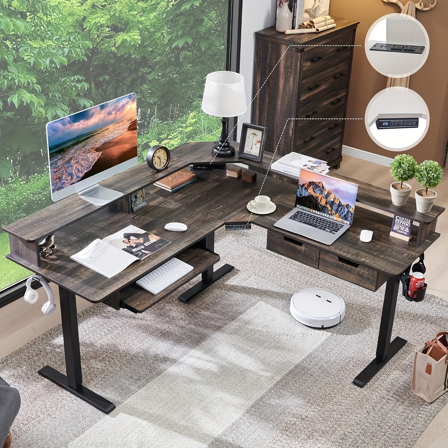 This Height-adjustable L-shaped Electric Standing Desk Measures 60 Inches, Perfect For Gaming Or Office Work. It Features Convenient Drawers, Built-in Power Outlets, LED Lighting, And A Monitor Shelf For Enhanced Functionality.