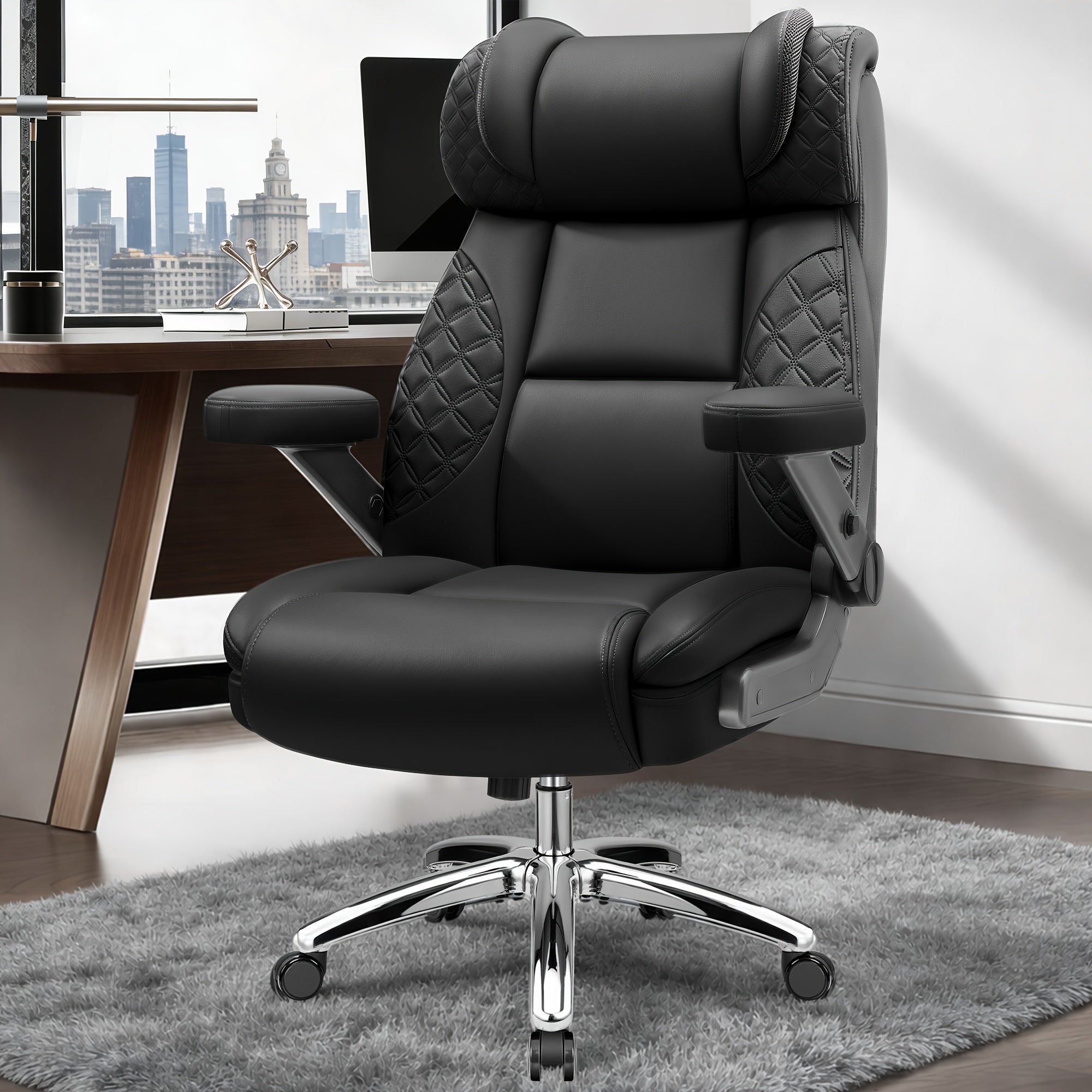 KERDOM Big Tall Ergonomic Office Chair with Air-Pumb Lumbar Support, 500lbs Capacity Executive Desk Chair for Heavy People, Manager Boss Wide Seat Computer Chair, PU Leather High Back Gaming Chair with 5D Adjustable Flip Armrests, Recline Function