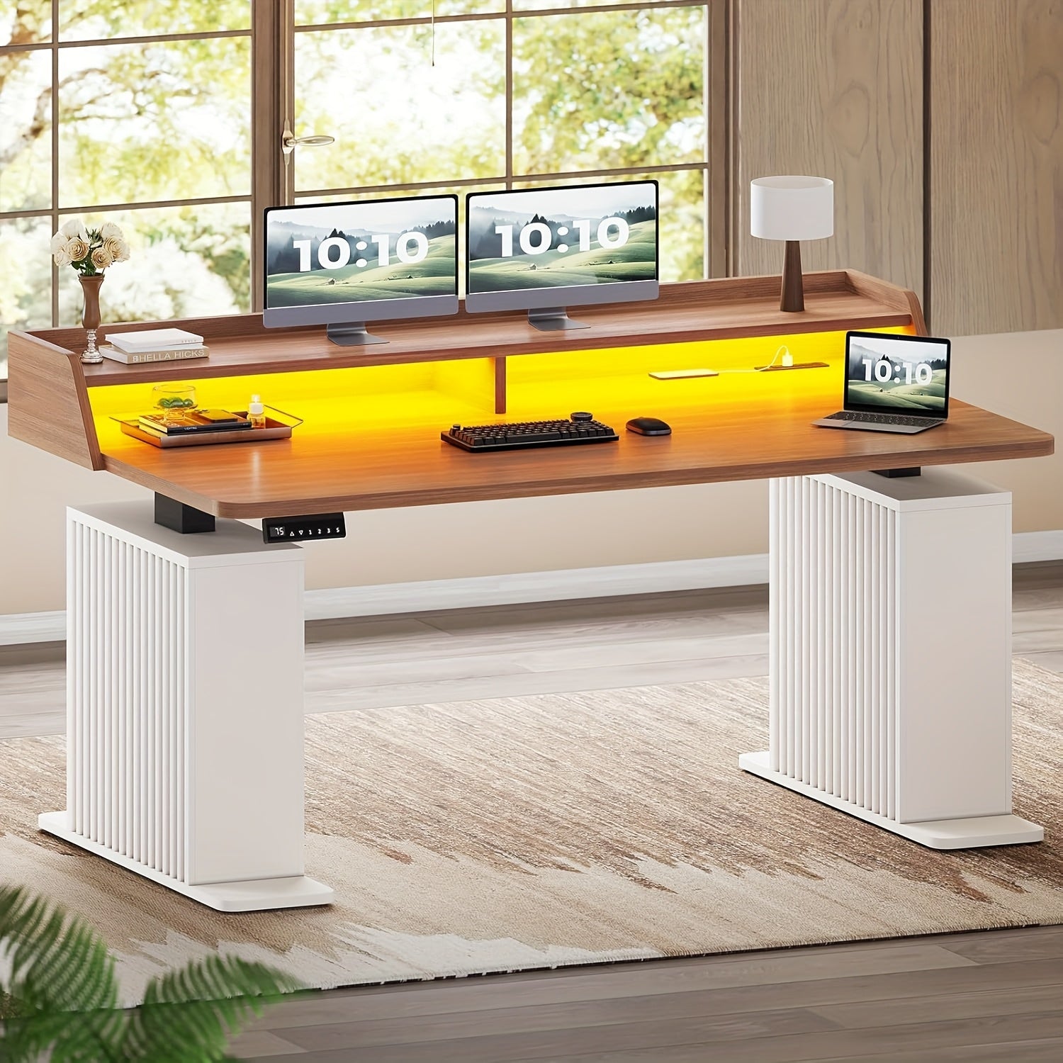 Height Adjustable Standing Desk with (No Wood) - 55” Modern Farmhouse Home Office Computer Desk, Built-in Power Outlets (4-Port Station &), LED & Monitor\u002FLaptop Shelf, White\u002FBrown, Memory Presets,