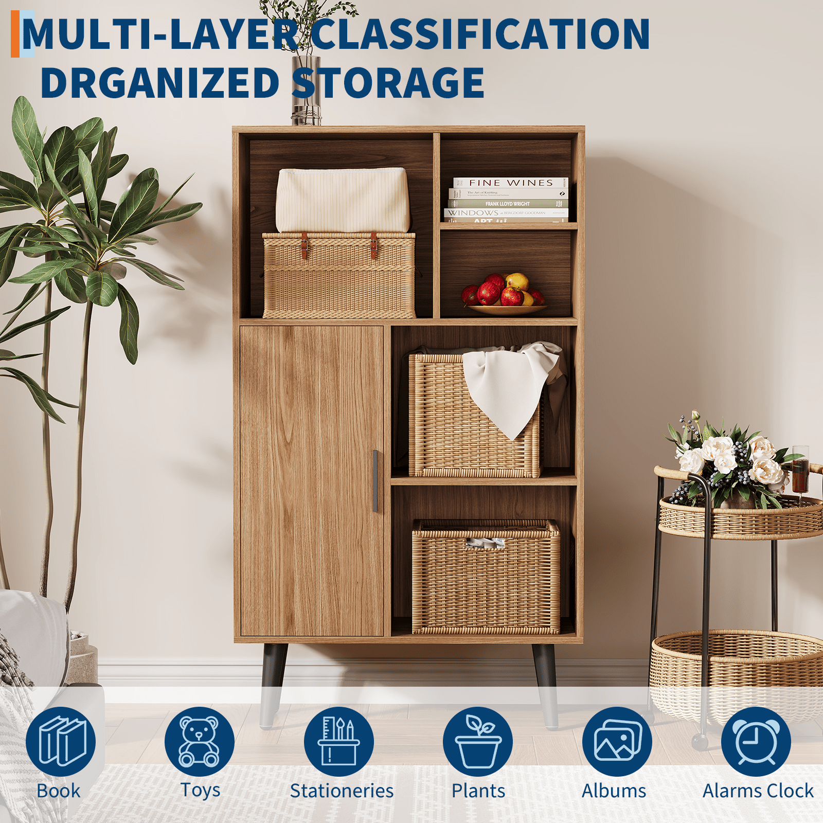 Storage Cabinets, 4-Tier Mid-Century Walnut Wood Bookcase with Legs and Door - Compact Freestanding Organizer for Living Room, Bedroom, and Home Office Storage, Durable Storage Cabinet for Bedroom, Living Room, or Entryway Home Decor Room Decor