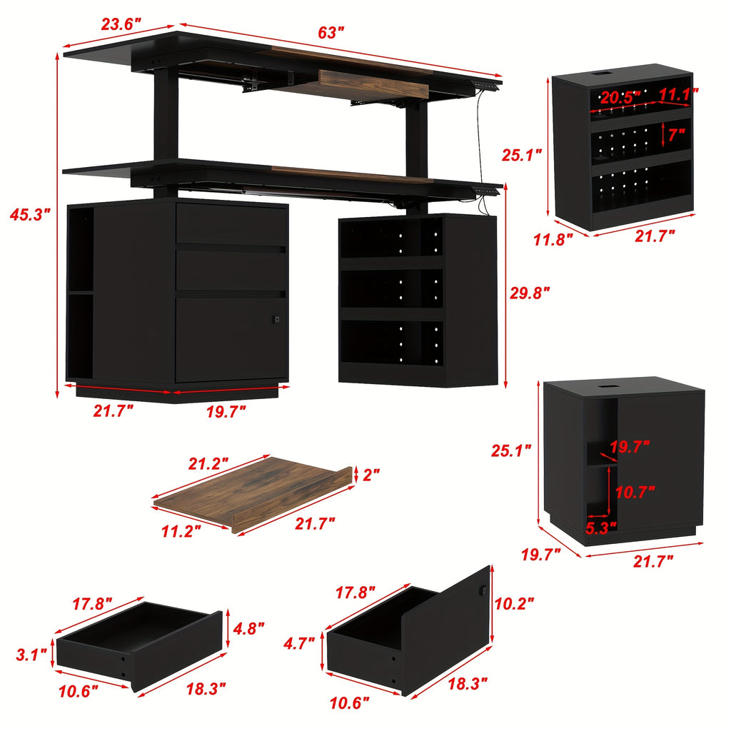 63-Inch Wide Electric Lift Desk Featuring Three Drawers And Open Shelving, Height Adjustable, Contemporary Office Desk with a Large Tabletop, Suitable for Computers And Executive Corner Use, Stylish Black Design