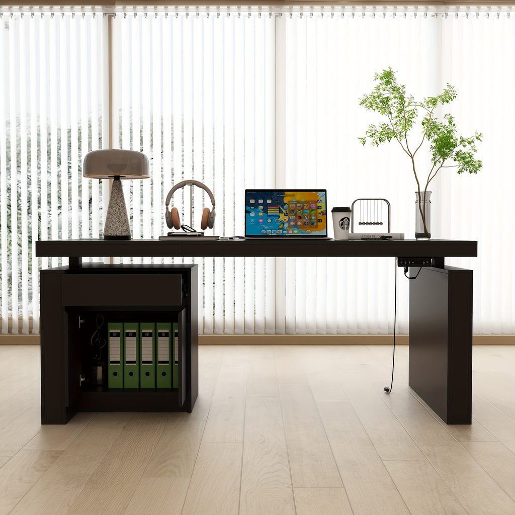 Modern Height-Adjustable Standing Desk with & Drawer - Executive Office Computer Desk Suitable for Small Spaces, Home Office, Study - Height Presets, Spacious Writing (Black)