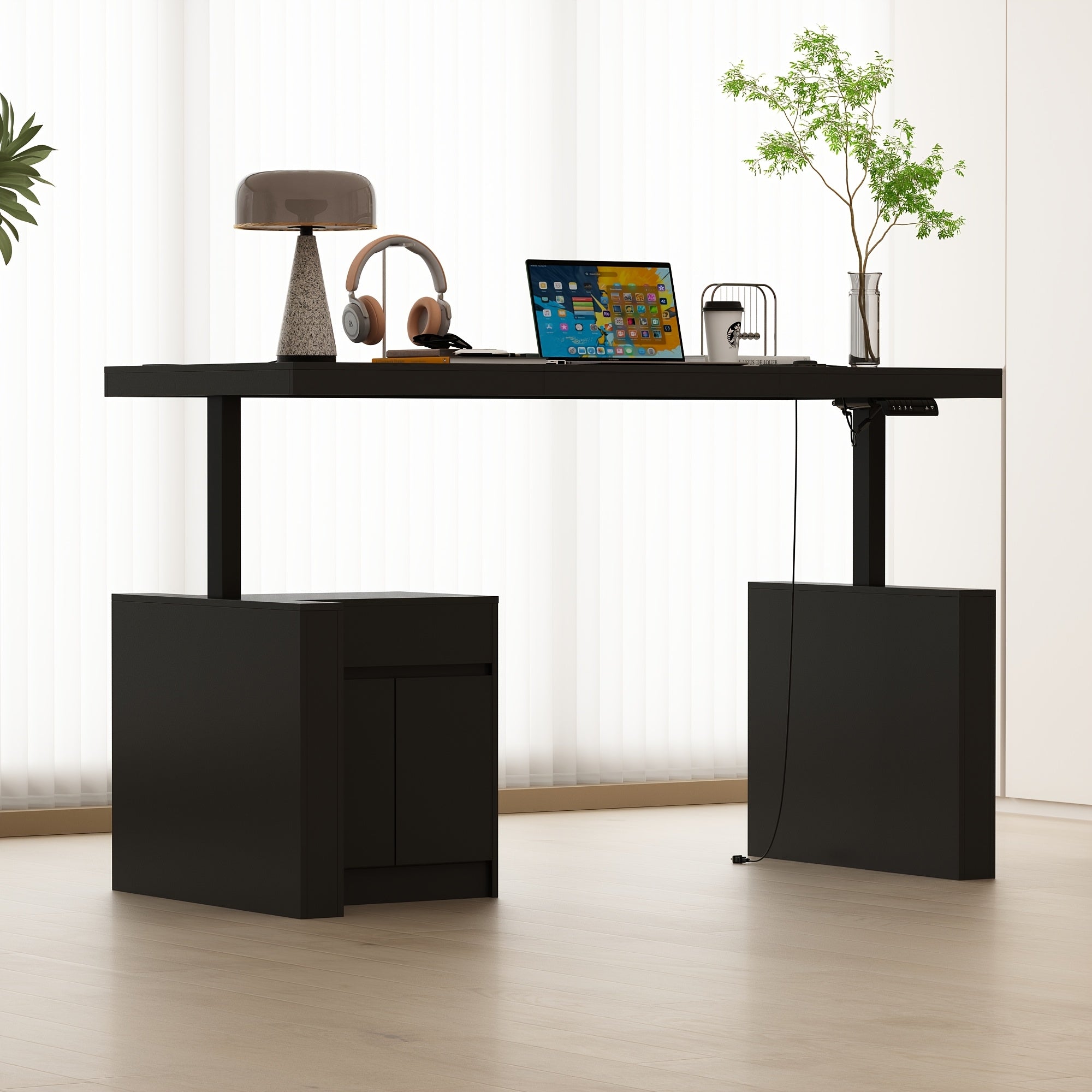 Modern Height-Adjustable Standing Desk with & Drawer - Executive Office Computer Desk Suitable for Small Spaces, Home Office, Study - Height Presets, Spacious Writing (Black)