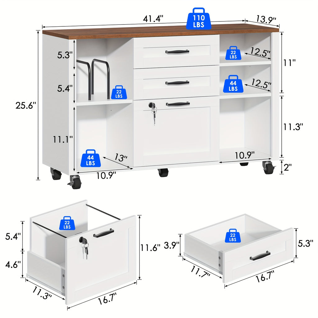 3 Drawer Wood Lateral File Cabinet with Lock, Rolling Mobile Filing Cabinet with Open Storage Shelves, Printer Stand Office Storage Cabinet for Home Office Fits Files Legal\u002FA4 Size
