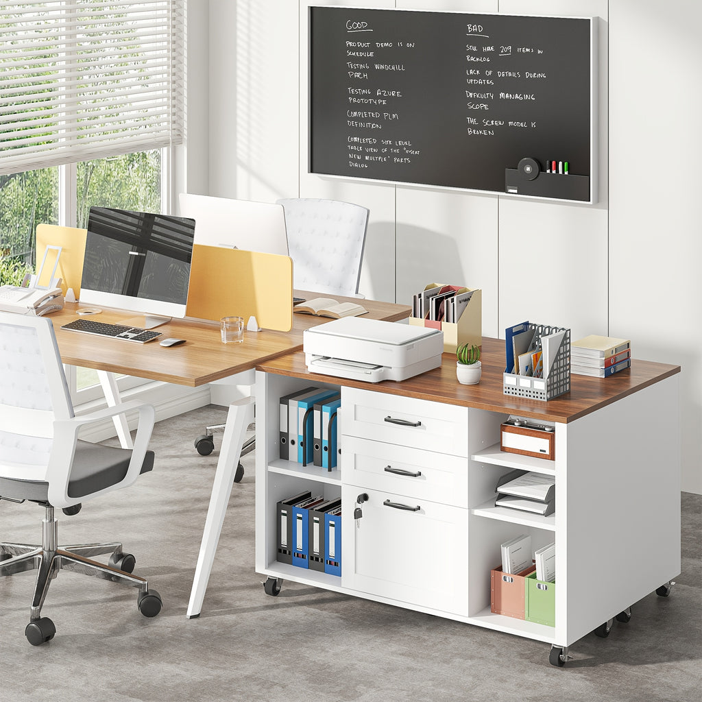 3 Drawer Wood Lateral File Cabinet with Lock, Rolling Mobile Filing Cabinet with Open Storage Shelves, Printer Stand Office Storage Cabinet for Home Office Fits Files Legal\u002FA4 Size