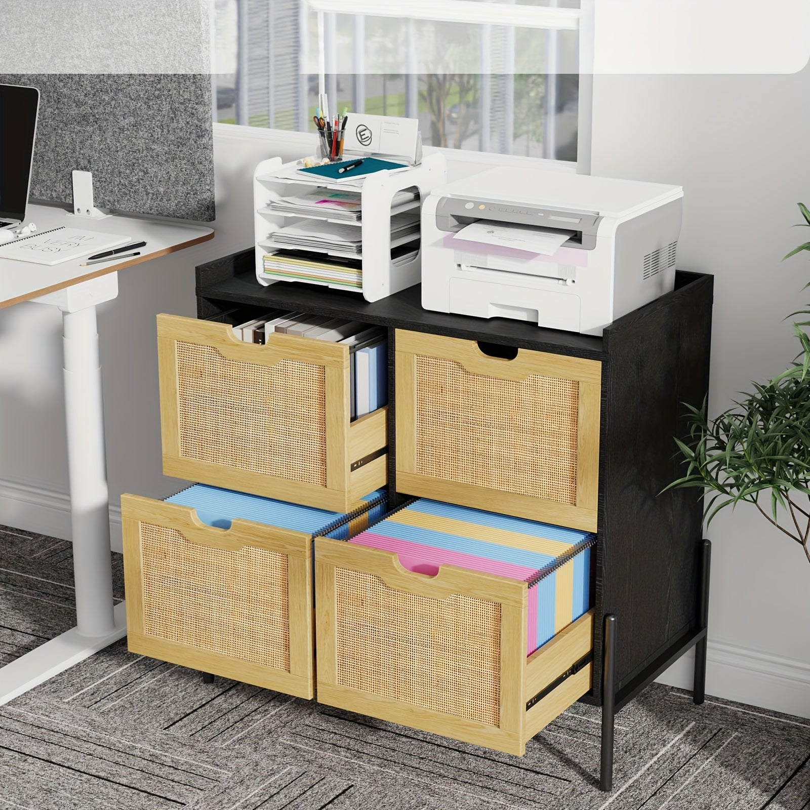 Contemporary Filing Cabinet Featuring Four Rattan Drawers, a Wooden Lateral Design Equipped with Hanging File Folders And Four Legs, Serving As a Rustic Storage Solution And Printer Stand for a for home Office