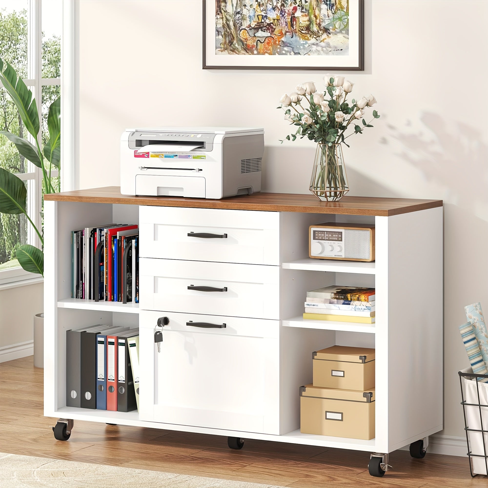 Mobile Filing Cabinet on Wheels Featuring Open Storage Shelves, a Wooden Lateral File Cabinet with Three Drawers And a Lock, And a Printer Stand Designed for Home Office Use, Accommodating Legal And A4 Size Files