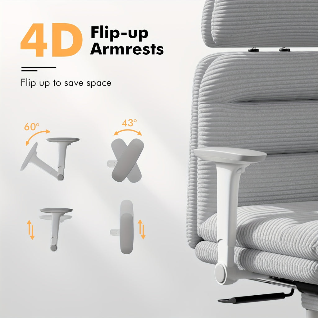 Ergonomic Swivel Office Chair with a High Back, Made of Corduroy, Featuring an Adjustable Headrest, 4D Armrests, a Tilting Backrest, And a Retractable Footrest, Ideal for Home Office Tasks
