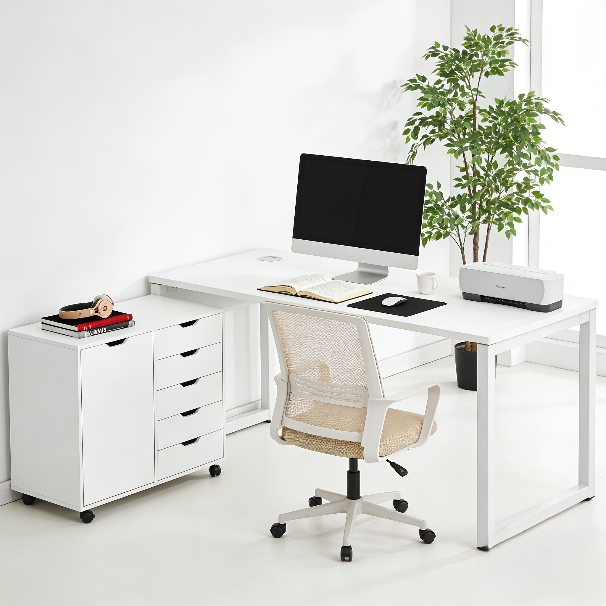 5-Drawer Wood File Cabinet with Wheels | Mobile Printer Stand with Adjustable Shelf & Storage Organizer for Home Office, Contemporary Style, Hardwood Material, OLIXIS Brand