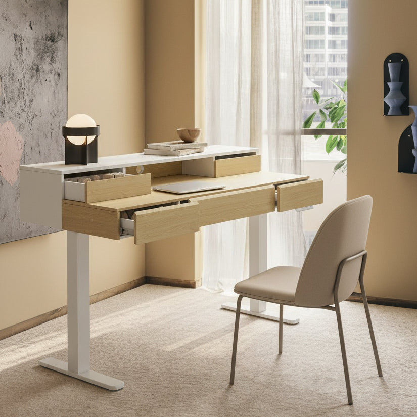 Electric Standing Desk with Drawers | 48 Inches Height Adjustable, Monitor Shelf, Whole-Piece Board, 4 Memory Height Settings, Classic Wood Color, PERLECARE