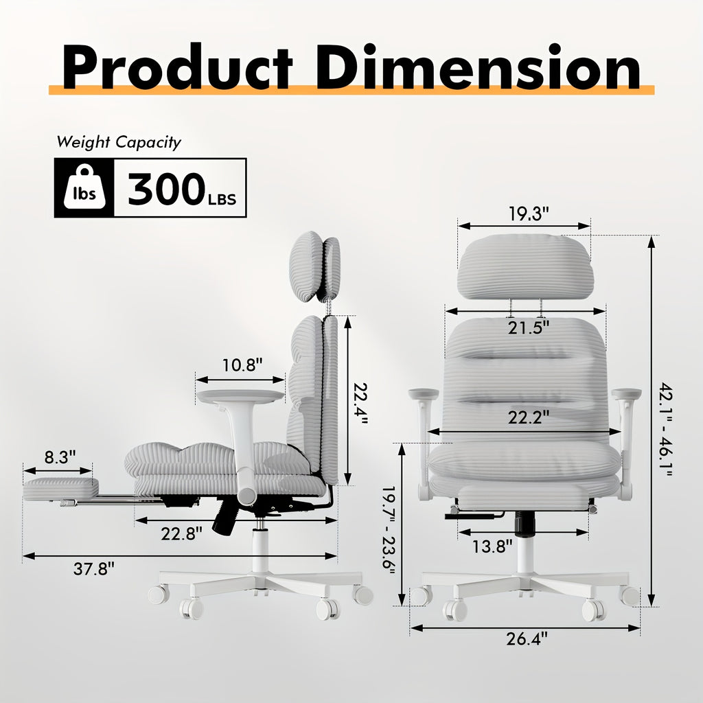 Ergonomic Swivel Office Chair with a High Back, Made of Corduroy, Featuring an Adjustable Headrest, 4D Armrests, a Tilting Backrest, And a Retractable Footrest, Ideal for Home Office Tasks
