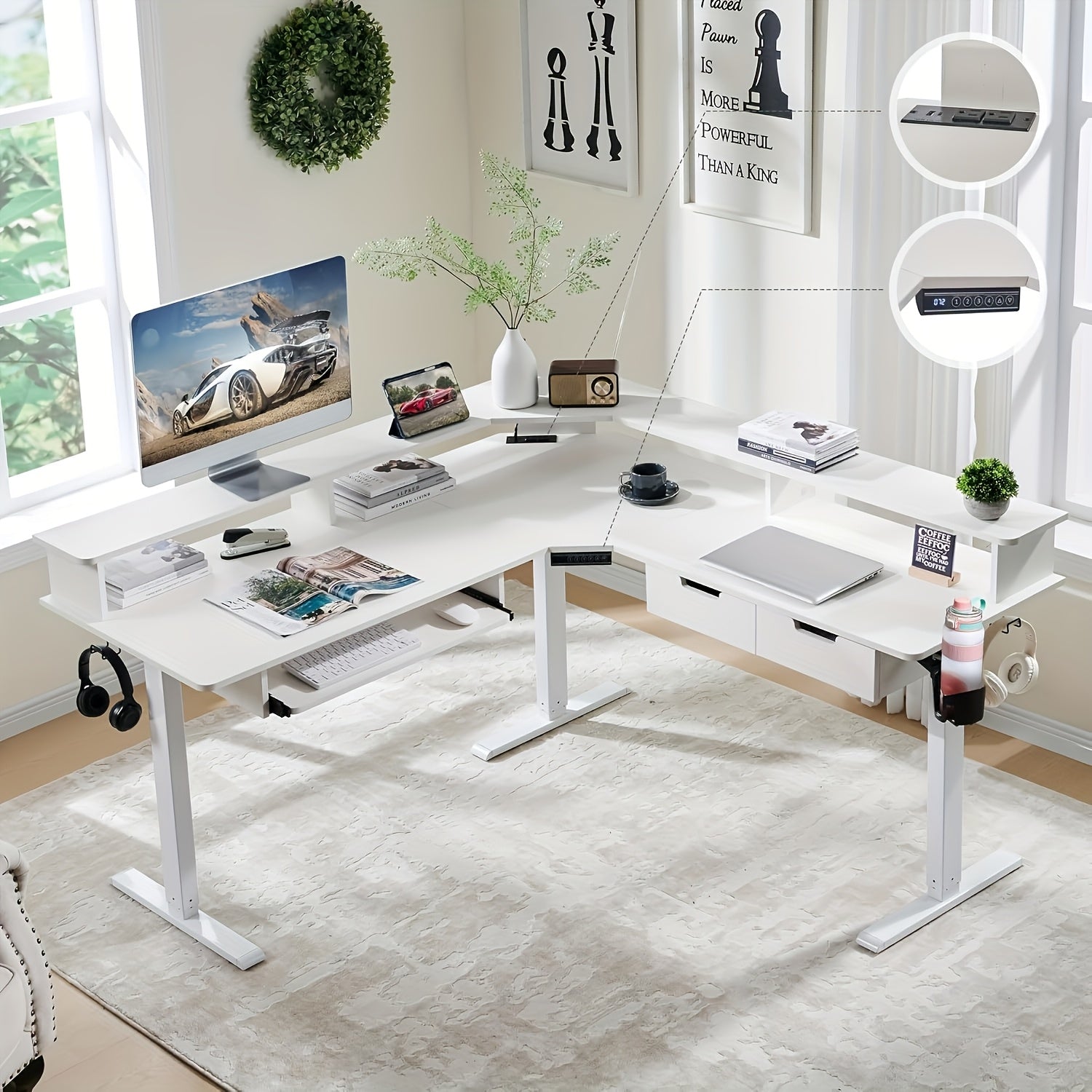 This Height-adjustable L-shaped Electric Standing Desk Measures 60 Inches, Perfect For Gaming Or Office Work. It Features Convenient Drawers, Built-in Power Outlets, LED Lighting, And A Monitor Shelf For Enhanced Functionality.