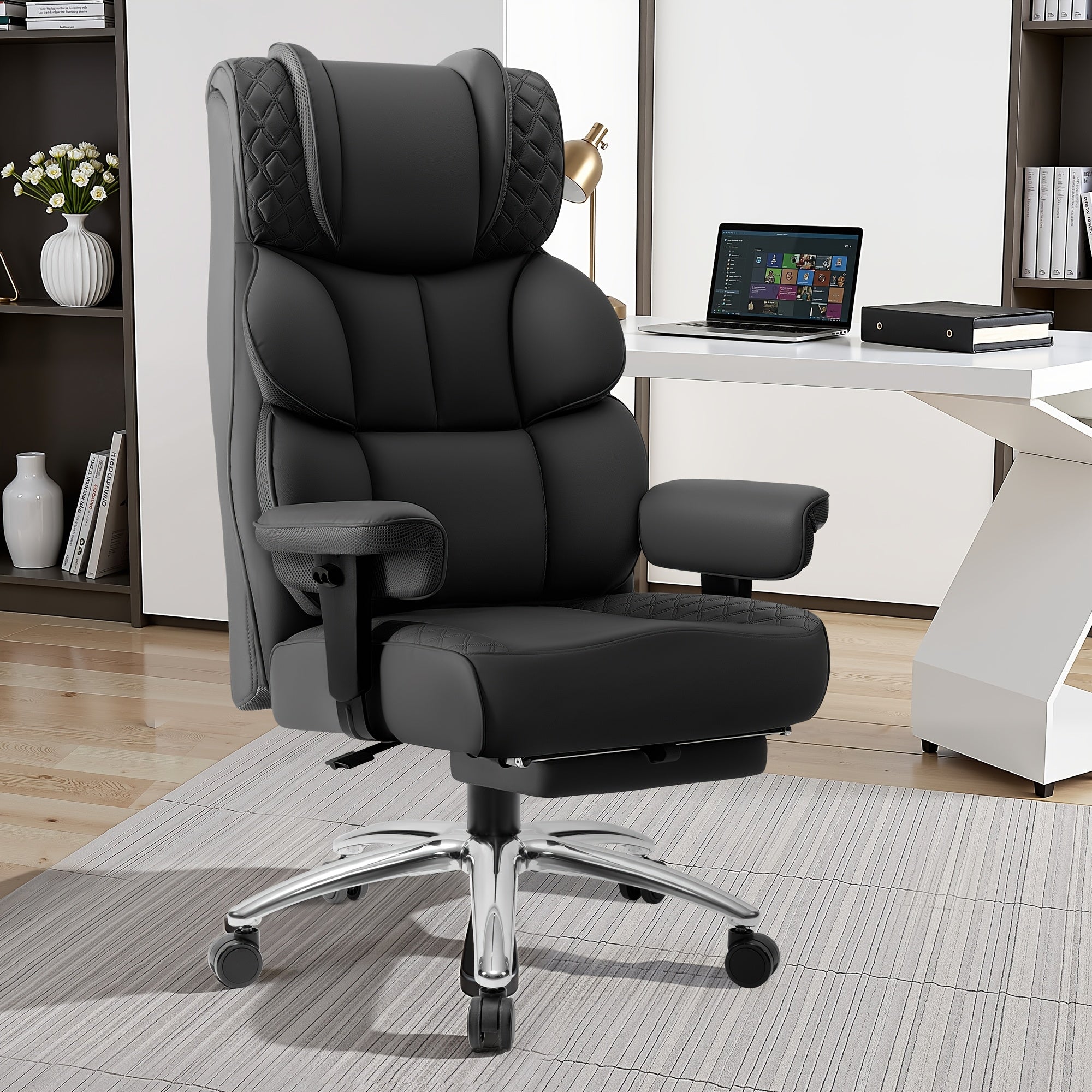 KERDOM Large Office Desk Chair Gaming Chair with Footrest, Swivel High Back Executive Reclining Computer Chair, Padded Lumbar Support, Widened & Thickened Ergonomic Seat, Lifting Armrests Height Adjustable, 400 Lbs Capacity, Anti-Scratch PU Leather