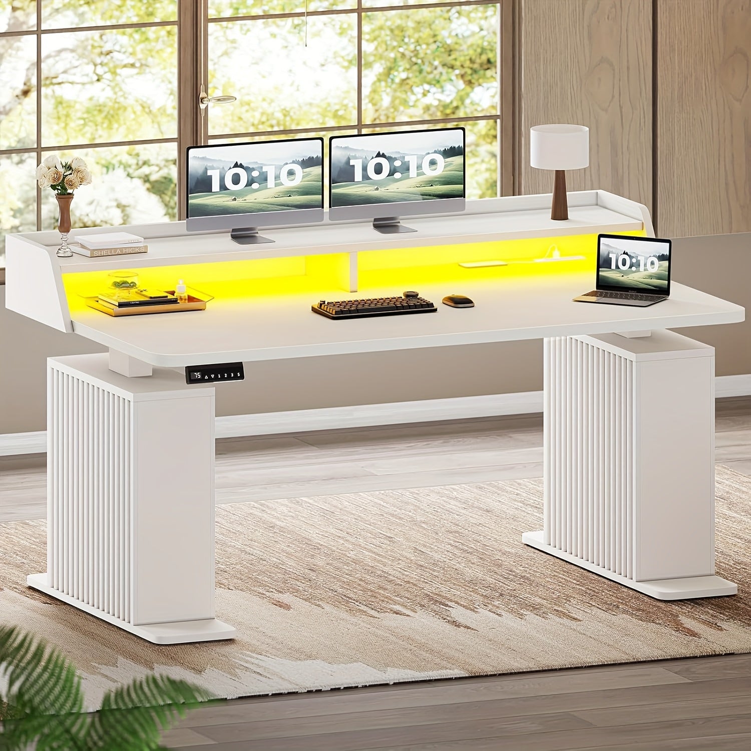 Height Adjustable Standing Desk with (No Wood) - 55” Modern Farmhouse Home Office Computer Desk, Built-in Power Outlets (4-Port Station &), LED & Monitor\u002FLaptop Shelf, White\u002FBrown, Memory Presets,