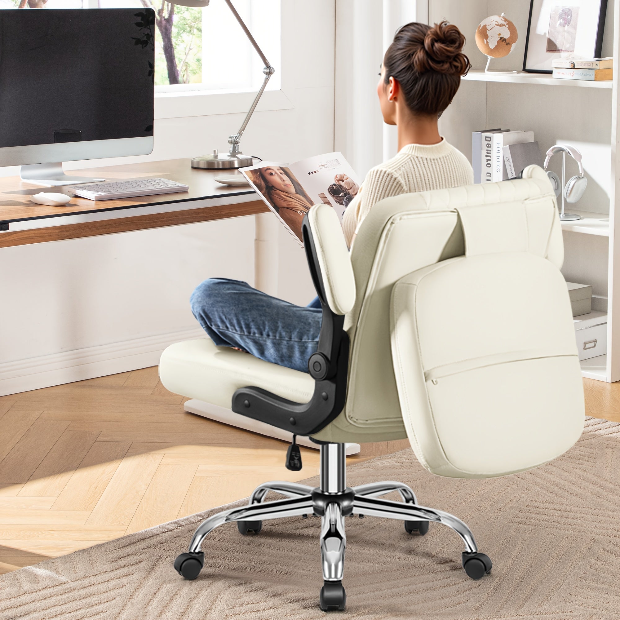 Kerdom'S Innovative Office Chair Features a 3-In-1 Design with a Flip Backrest, Made from Faux Leather. This Ergonomic Chair Is Adjustable in Height, Tilts, And Swivels, Making It Suitable for Home Offices. It Includes Flip-Up Arms