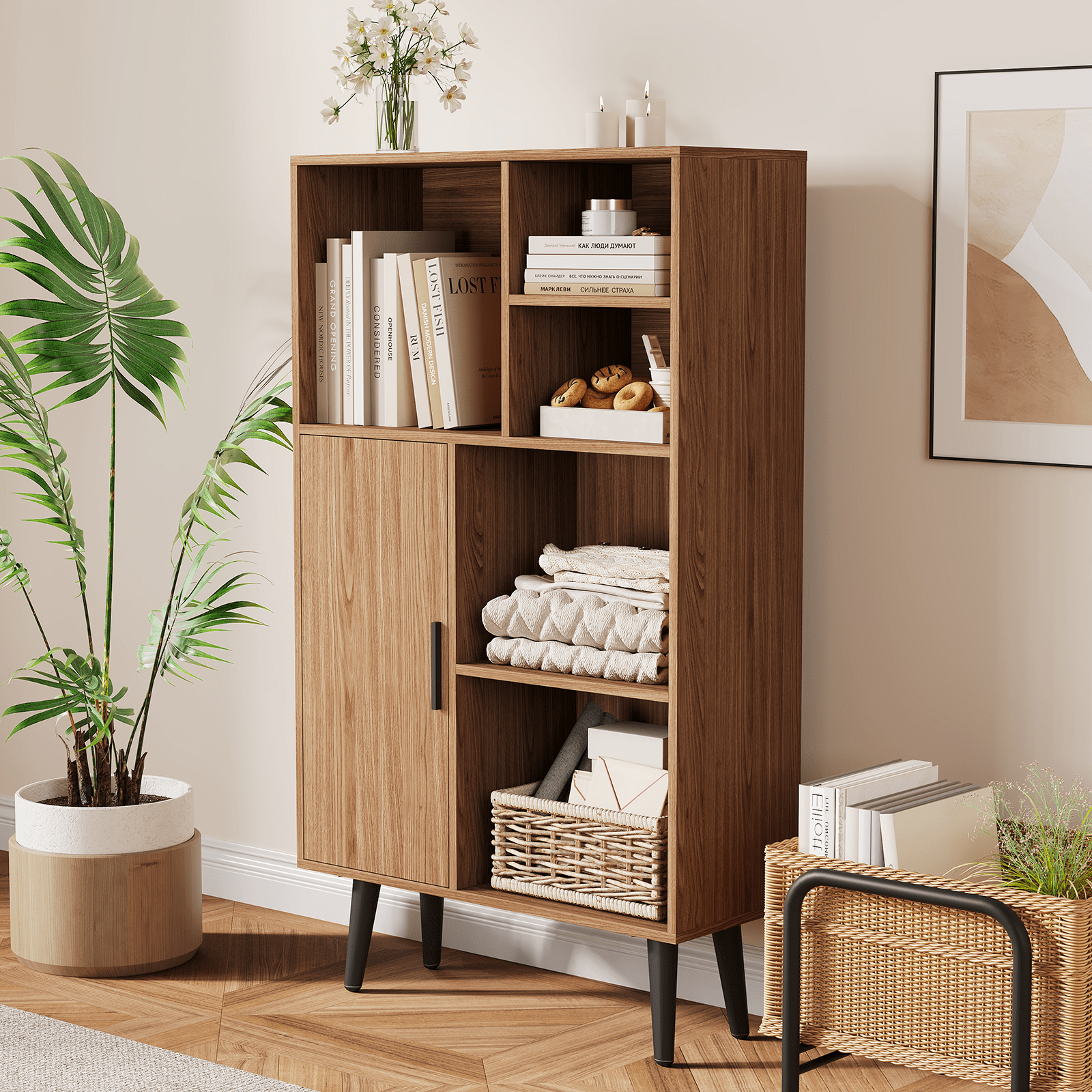 Storage Cabinets, 4-Tier Mid-Century Walnut Wood Bookcase with Legs and Door - Compact Freestanding Organizer for Living Room, Bedroom, and Home Office Storage, Durable Storage Cabinet for Bedroom, Living Room, or Entryway Home Decor Room Decor
