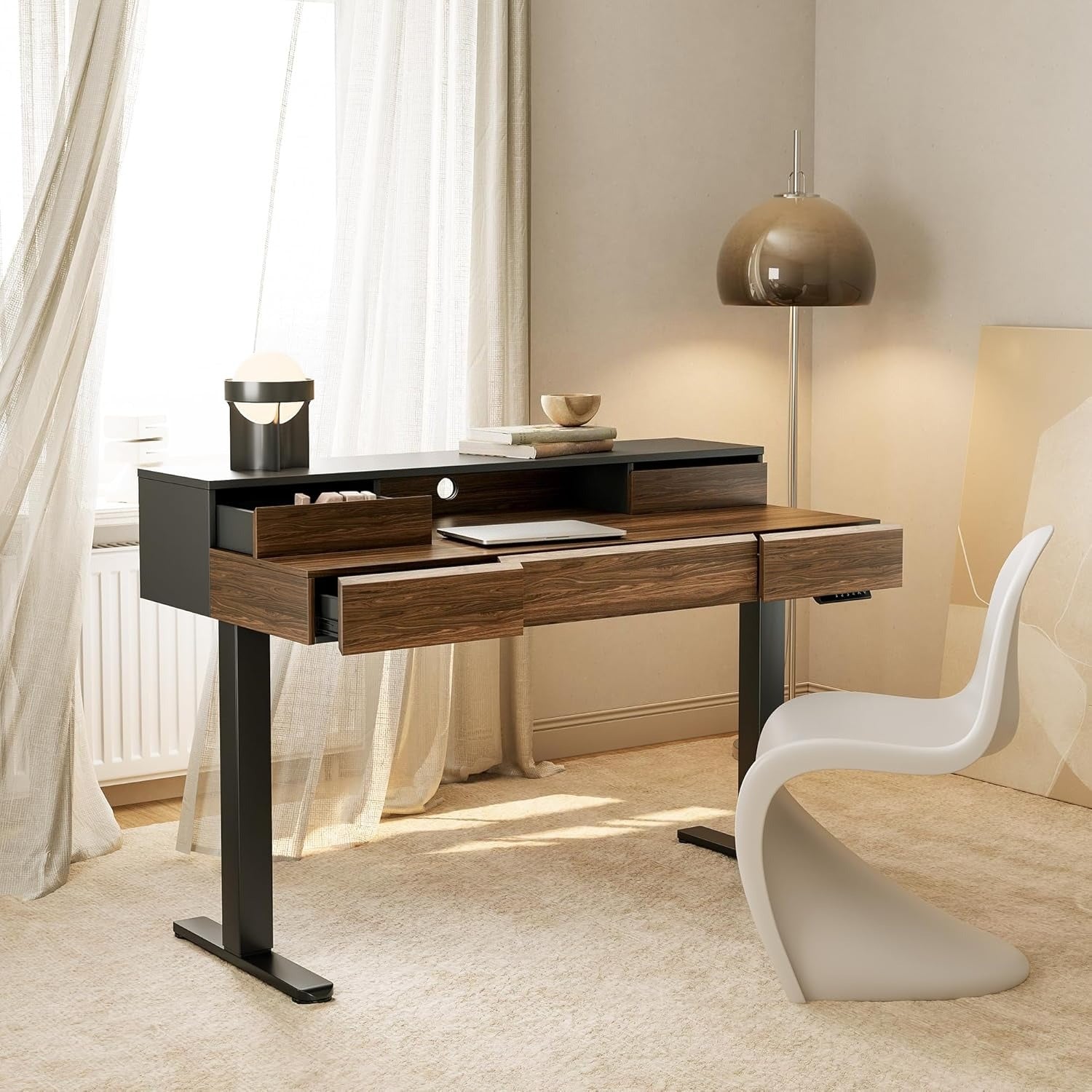 Electric Standing Desk with Drawers | 48 Inches Height Adjustable, Monitor Shelf, Whole-Piece Board, 4 Memory Height Settings, Classic Wood Color, PERLECARE