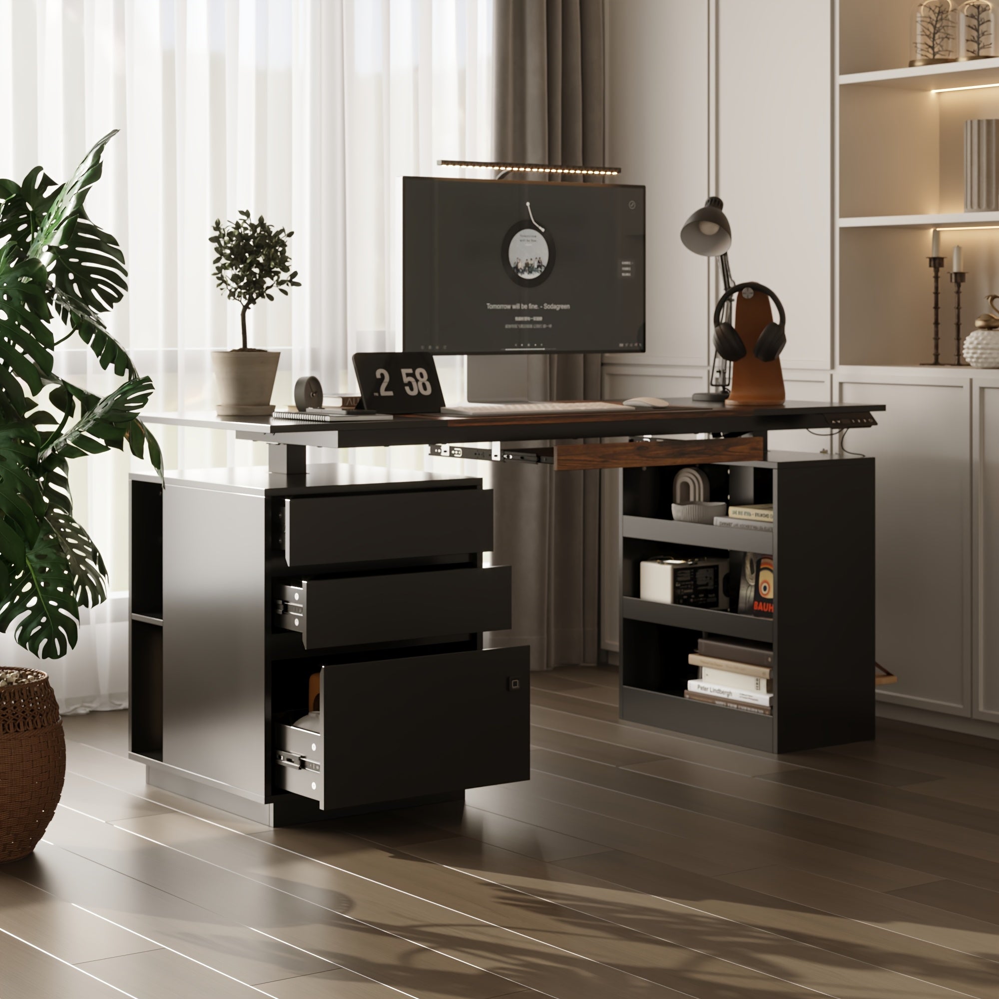63-Inch Wide Electric Lift Desk Featuring Three Drawers And Open Shelving, Height Adjustable, Contemporary Office Desk with a Large Tabletop, Suitable for Computers And Executive Corner Use, Stylish Black Design