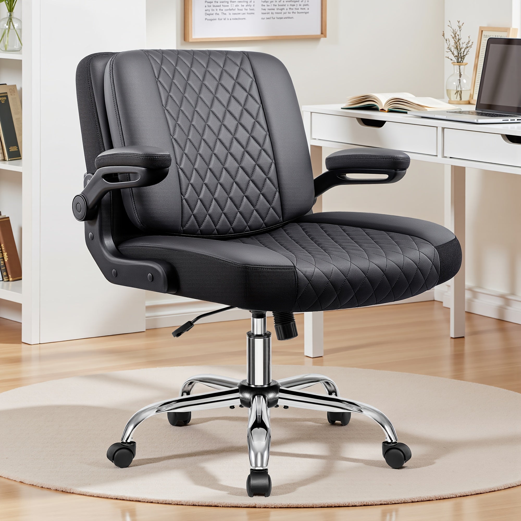 Kerdom'S Innovative Office Chair Features a 3-In-1 Design with a Flip Backrest, Made from Faux Leather. This Ergonomic Chair Is Adjustable in Height, Tilts, And Swivels, Making It Suitable for Home Offices. It Includes Flip-Up Arms