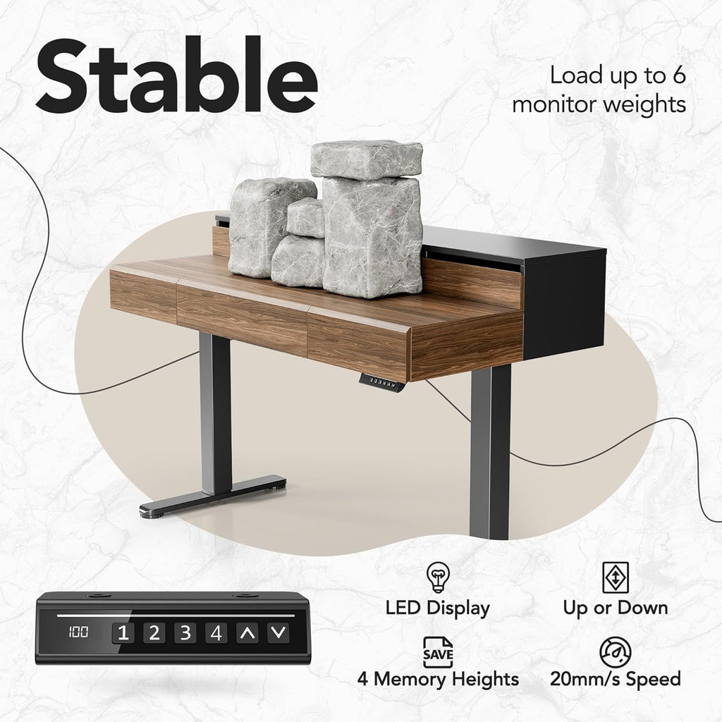 Electric Standing Desk with Drawers | 48 Inches Height Adjustable, Monitor Shelf, Whole-Piece Board, 4 Memory Height Settings, Classic Wood Color, PERLECARE