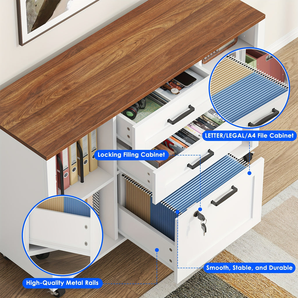 3 Drawer Wood Lateral File Cabinet with Lock, Rolling Mobile Filing Cabinet with Open Storage Shelves, Printer Stand Office Storage Cabinet for Home Office Fits Files Legal\u002FA4 Size