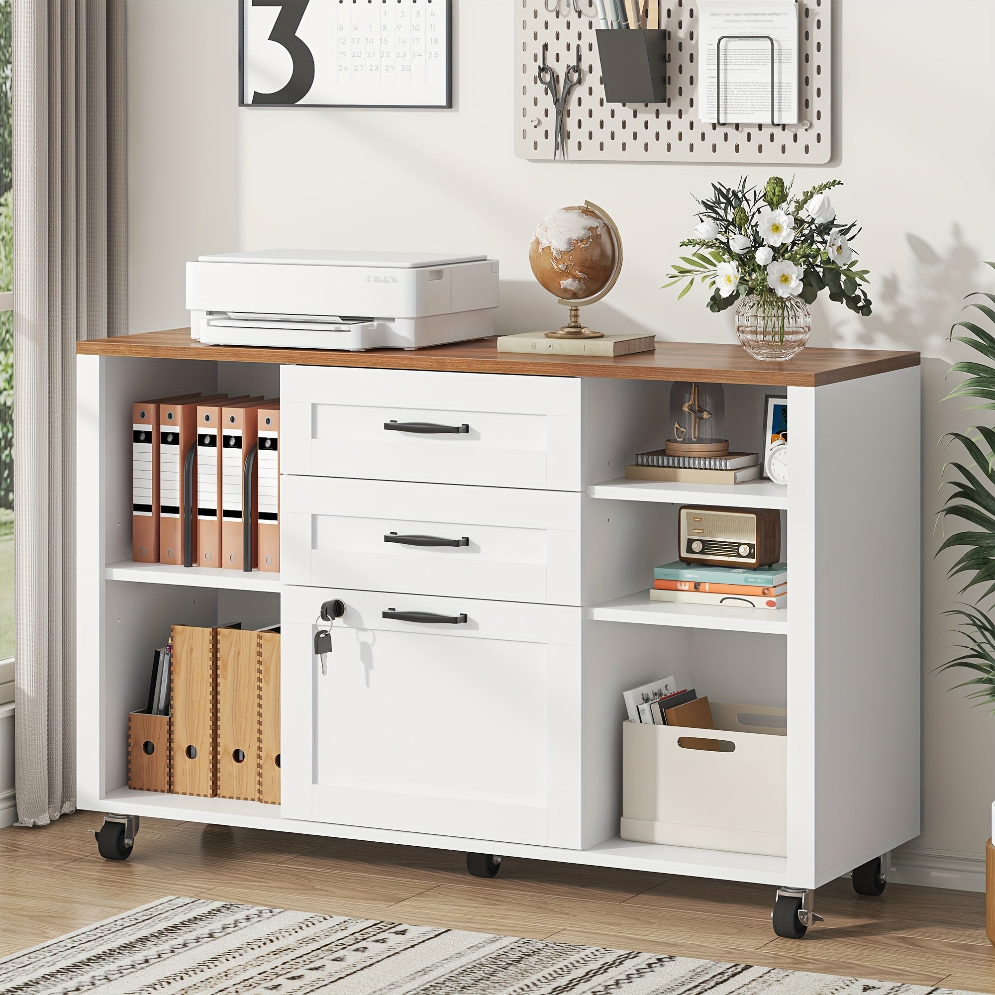 3 Drawer Wood Lateral File Cabinet with Lock, Rolling Mobile Filing Cabinet with Open Storage Shelves, Printer Stand Office Storage Cabinet for Home Office Fits Files Legal\u002FA4 Size