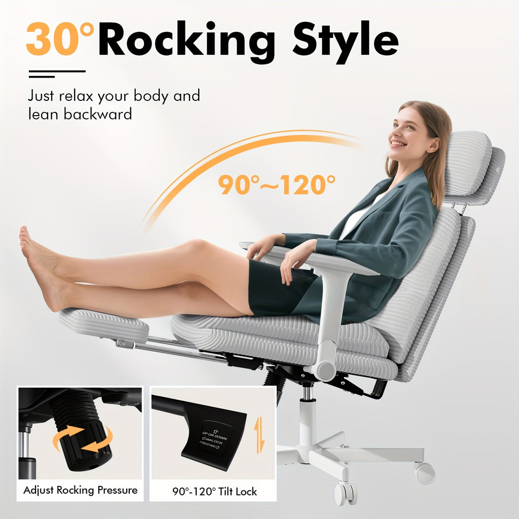 Ergonomic Swivel Office Chair with a High Back, Made of Corduroy, Featuring an Adjustable Headrest, 4D Armrests, a Tilting Backrest, And a Retractable Footrest, Ideal for Home Office Tasks