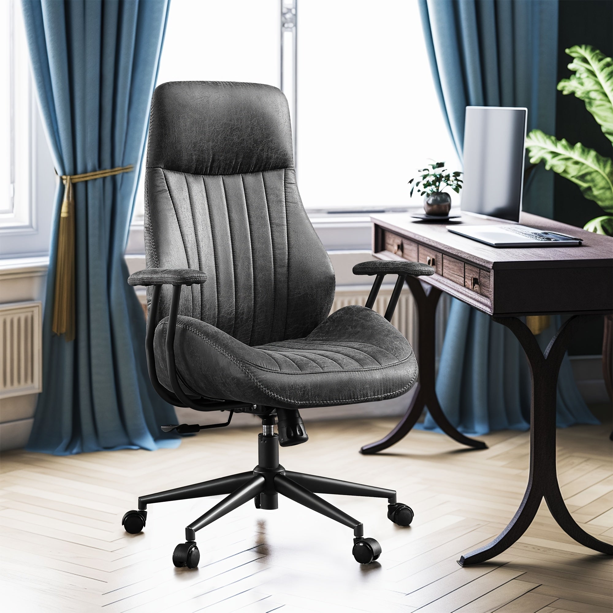 Ergonomic Office Chair with Adjustable Height, High Back Swivel Rolling Computer Chair for Home Office, Vintage Suede Fabric Executive Desk Chair with Comfortable Armrests and Lumbar Support