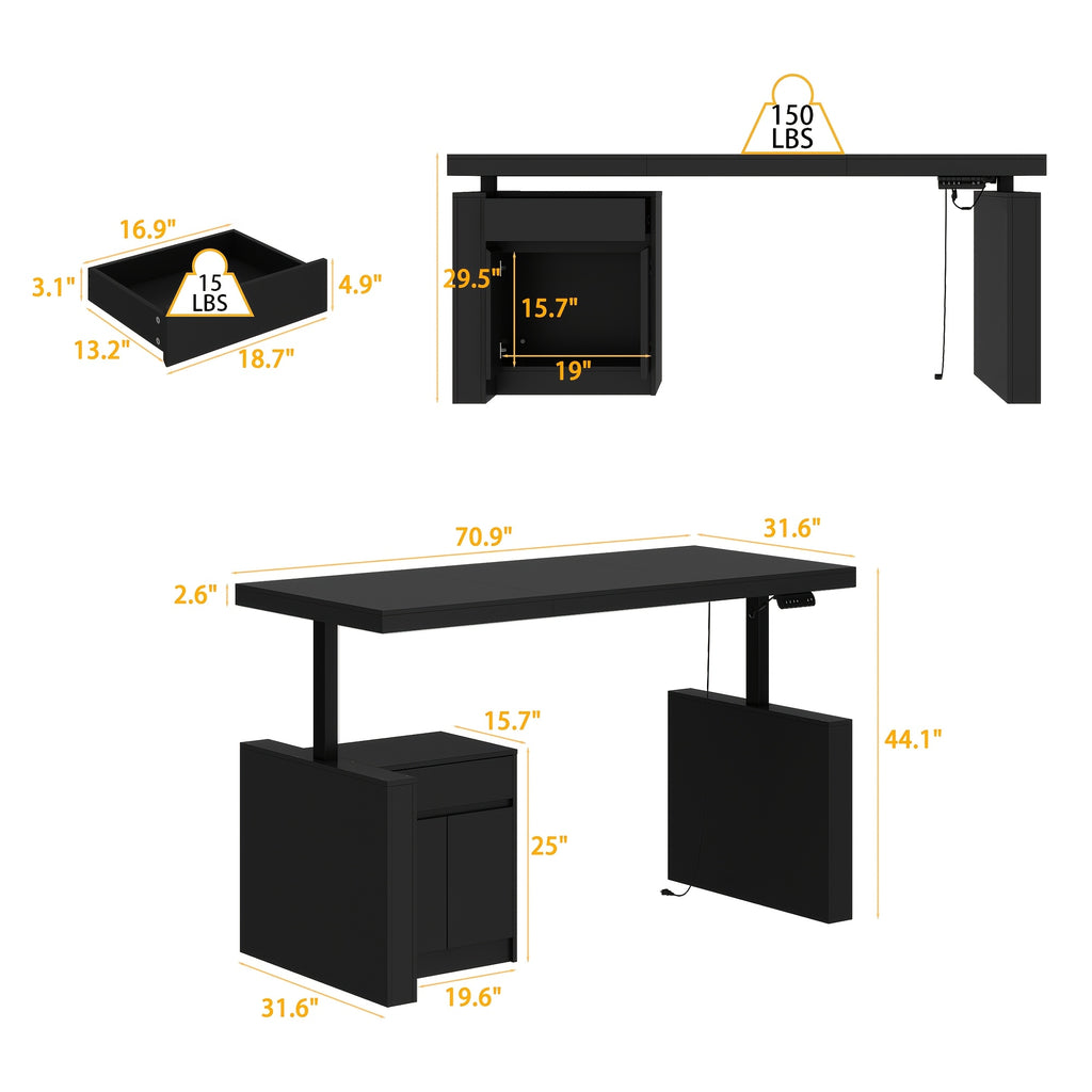 Modern Height-Adjustable Standing Desk with & Drawer - Executive Office Computer Desk Suitable for Small Spaces, Home Office, Study - Height Presets, Spacious Writing (Black)