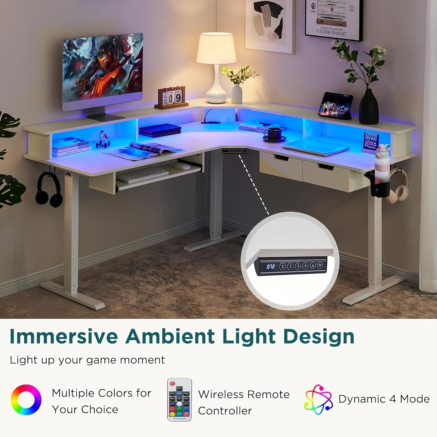 This Height-adjustable L-shaped Electric Standing Desk Measures 60 Inches, Perfect For Gaming Or Office Work. It Features Convenient Drawers, Built-in Power Outlets, LED Lighting, And A Monitor Shelf For Enhanced Functionality.