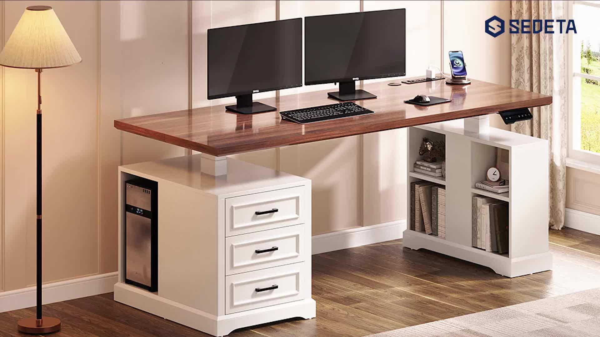Standing Executive Desk with Storage, Large 1pc Electric Height Adjustable Stand Up Desk with Charging Station, File Cabinet Storage, Home and Office, White