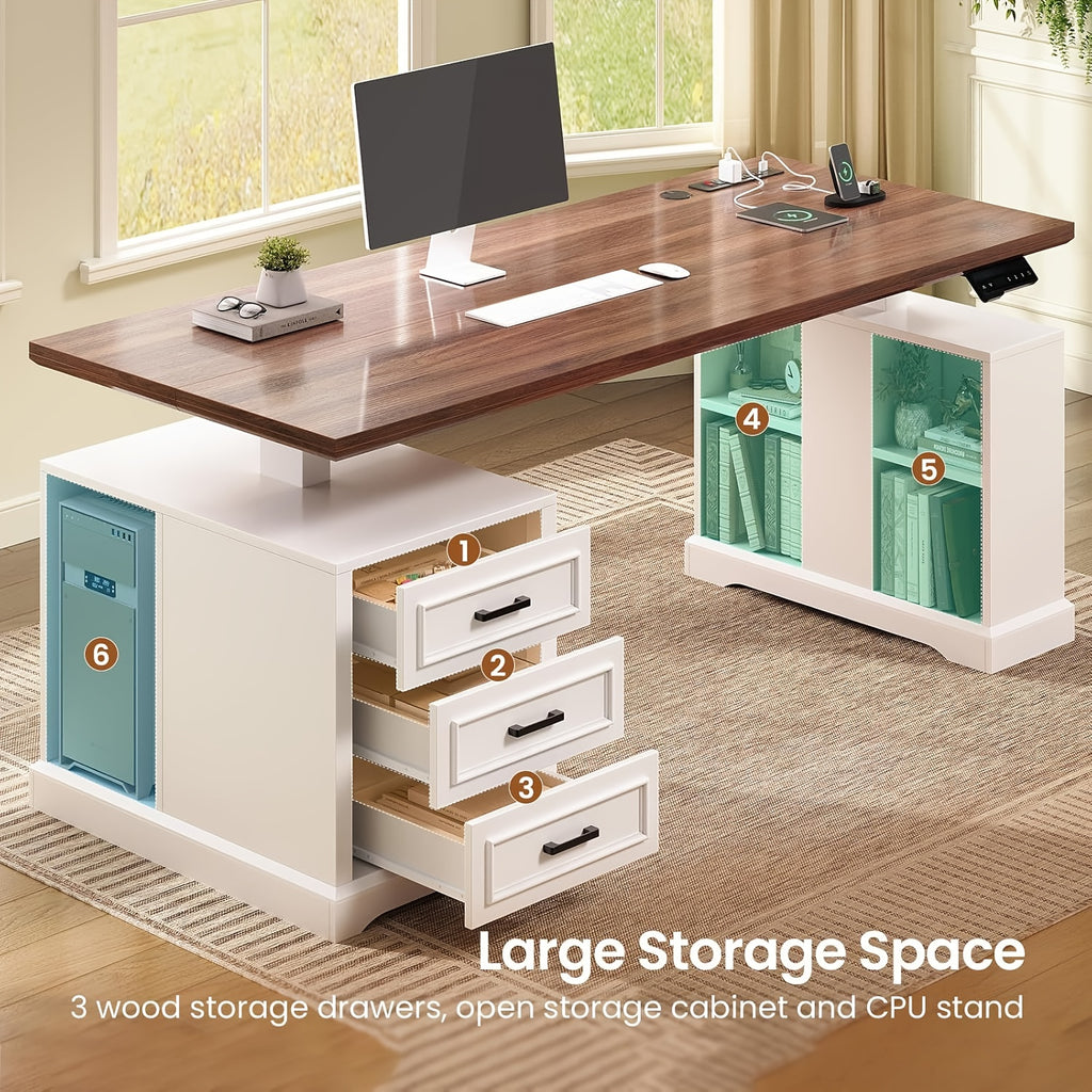 Standing Executive Desk with Storage, Large 1pc Electric Height Adjustable Stand Up Desk with Charging Station, File Cabinet Storage, Home and Office, White