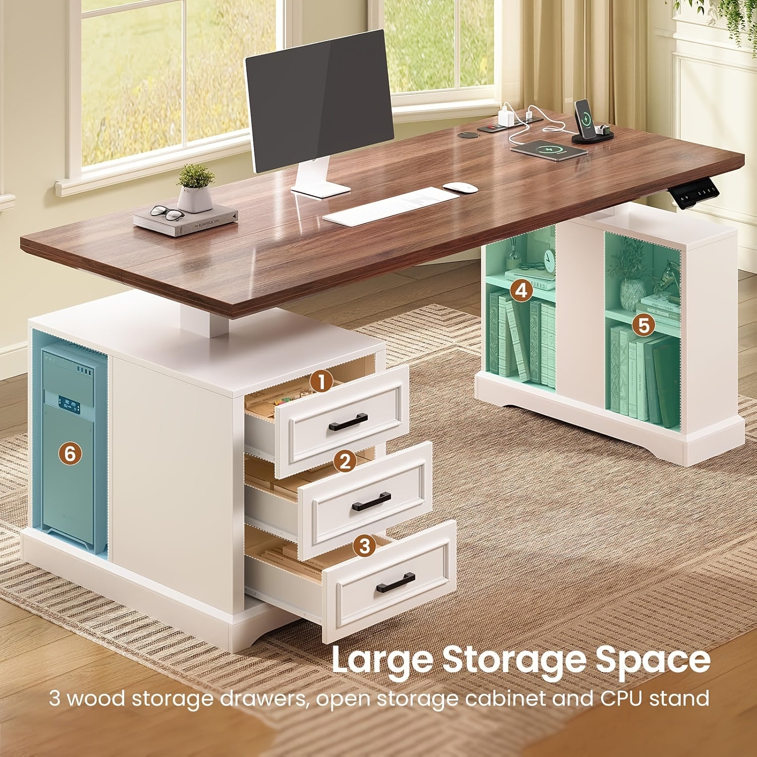 Standing Executive Desk with Storage, Large 1pc Electric Height Adjustable Stand Up Desk with Charging Station, File Cabinet Storage, Home and Office, White