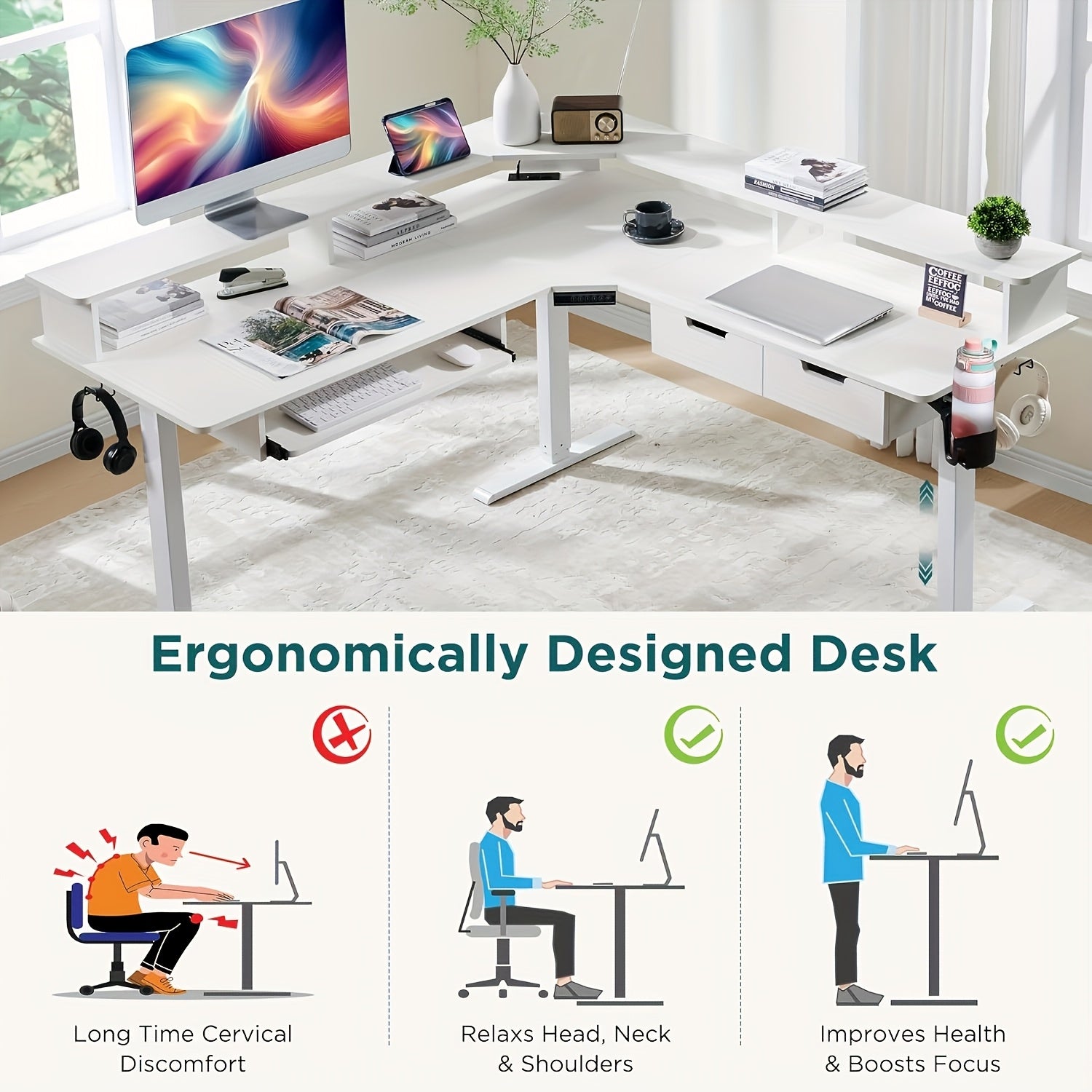 This Height-adjustable L-shaped Electric Standing Desk Measures 60 Inches, Perfect For Gaming Or Office Work. It Features Convenient Drawers, Built-in Power Outlets, LED Lighting, And A Monitor Shelf For Enhanced Functionality.