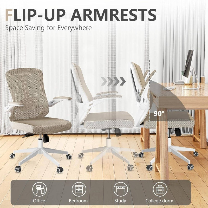 Ergonomic Office Chair with Lumbar Support, High Back Mesh Desk Chair with Flip - Up Arms, Adjustable Computer Task Chair, Khaki