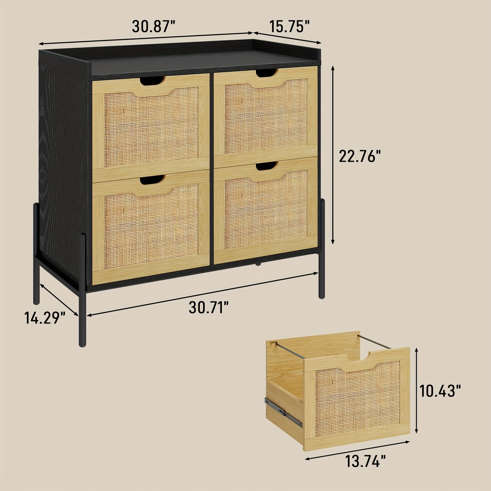Contemporary Filing Cabinet Featuring Four Rattan Drawers, a Wooden Lateral Design Equipped with Hanging File Folders And Four Legs, Serving As a Rustic Storage Solution And Printer Stand for a for home Office
