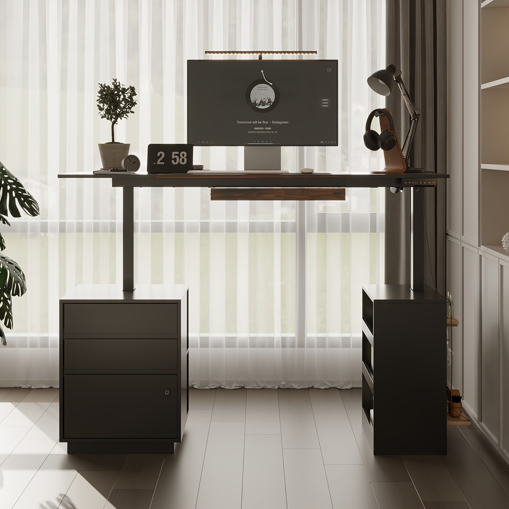 63-Inch Wide Electric Lift Desk Featuring Three Drawers And Open Shelving, Height Adjustable, Contemporary Office Desk with a Large Tabletop, Suitable for Computers And Executive Corner Use, Stylish Black Design