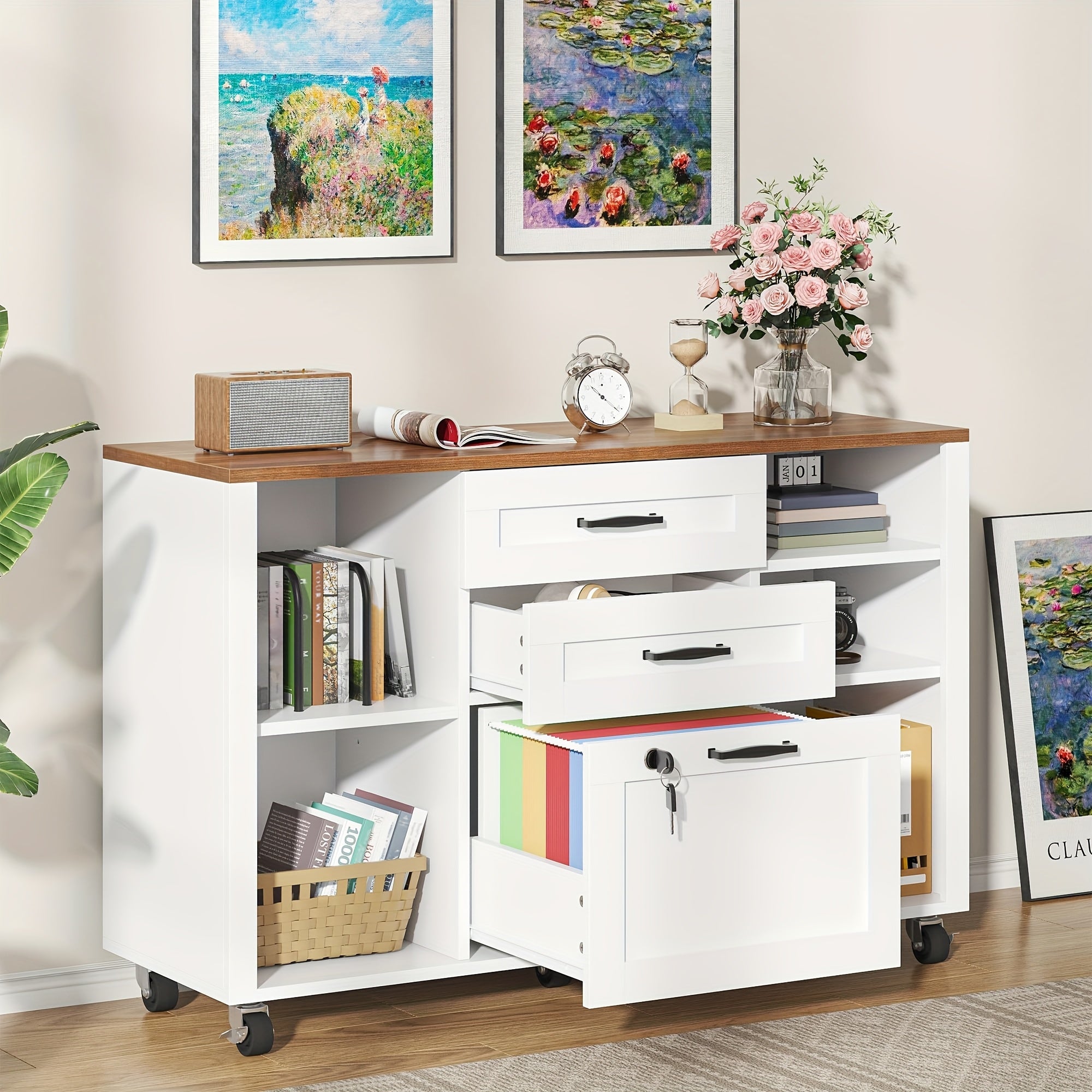 Mobile Filing Cabinet on Wheels Featuring Open Storage Shelves, a Wooden Lateral File Cabinet with Three Drawers And a Lock, And a Printer Stand Designed for Home Office Use, Accommodating Legal And A4 Size Files